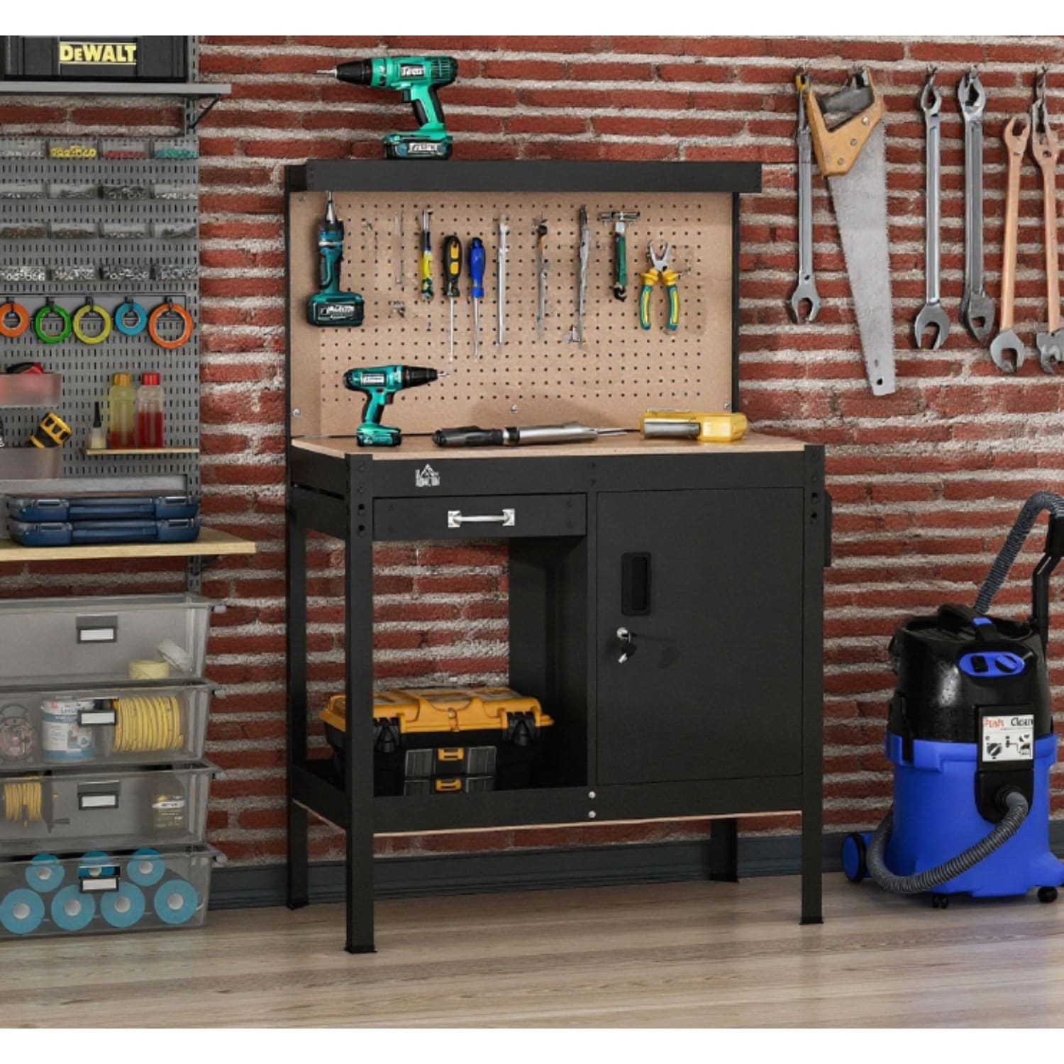 Lirago - Multi Purpose Steel Frame Garage Workbench with Pegboard Lockable Cabinet Drawer Open Sh...