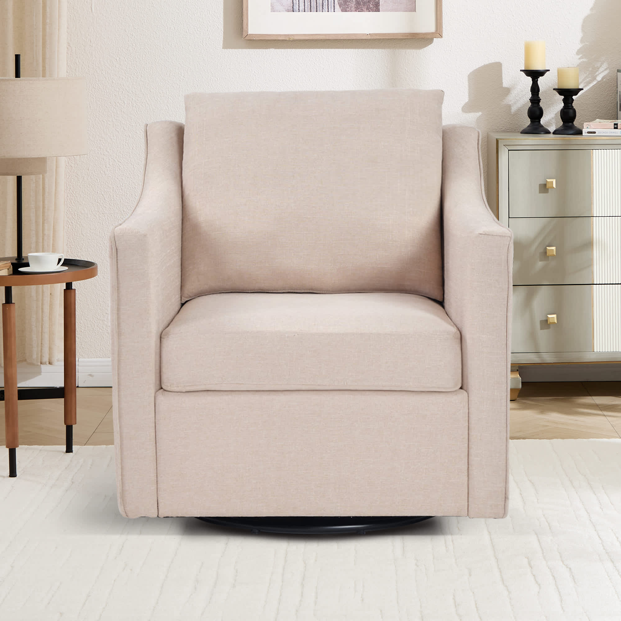 Bestier Modern Swivel Square Accent Chair with Thick Padded Cushion Linen Upholstered Lounge Reading Chair