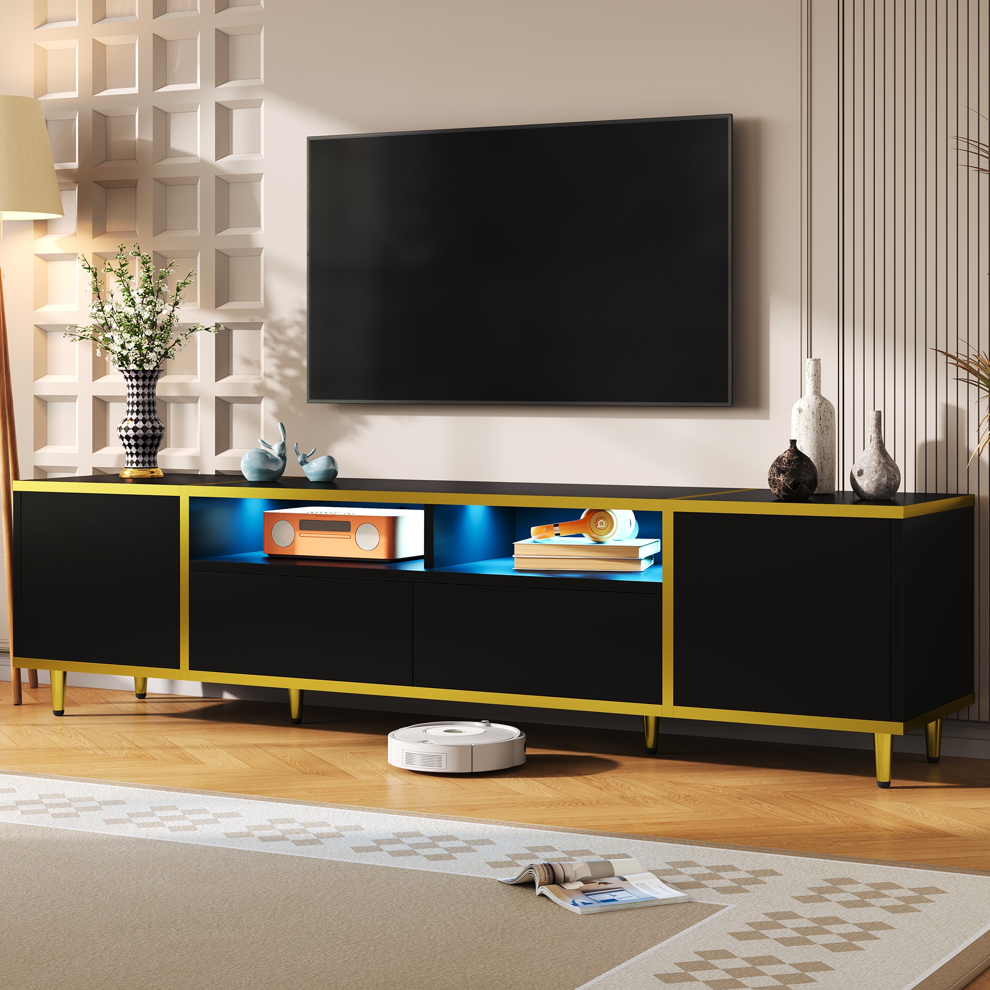 LOVMOR SF-H-N724P284377B 70.9in Modern TV Stand for TVs up to 80 Inches Entertainment Center with 2 Shelves and  LED Lights TV Storage Cabinet with 2 Drawers 2 Cabinets and Metal Legs for Living room