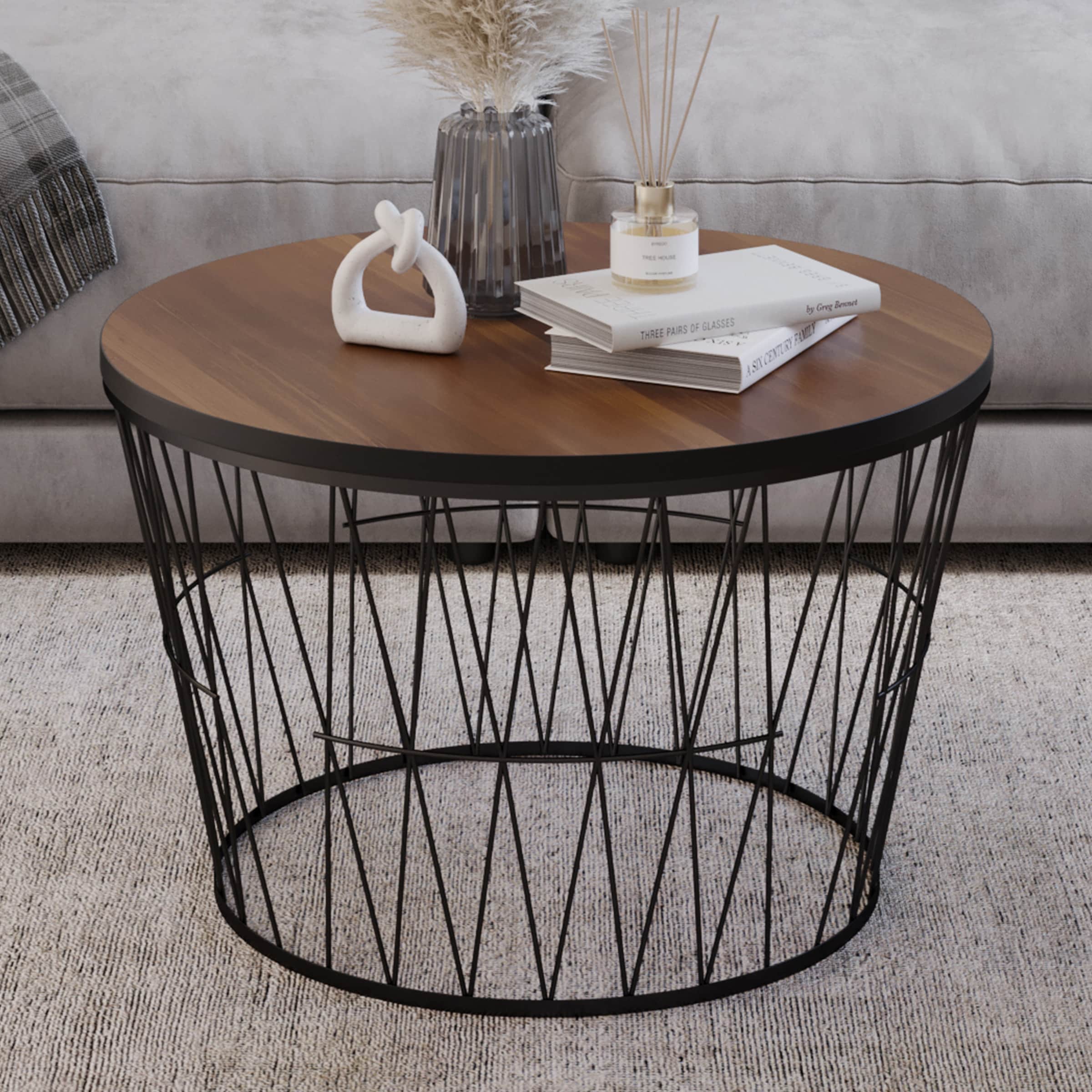 Lavish Home 80-COFF-GEO-WAL Round Coffee Table with Geometric Metal Base Brown Walnut MDF Modern Coffee Table