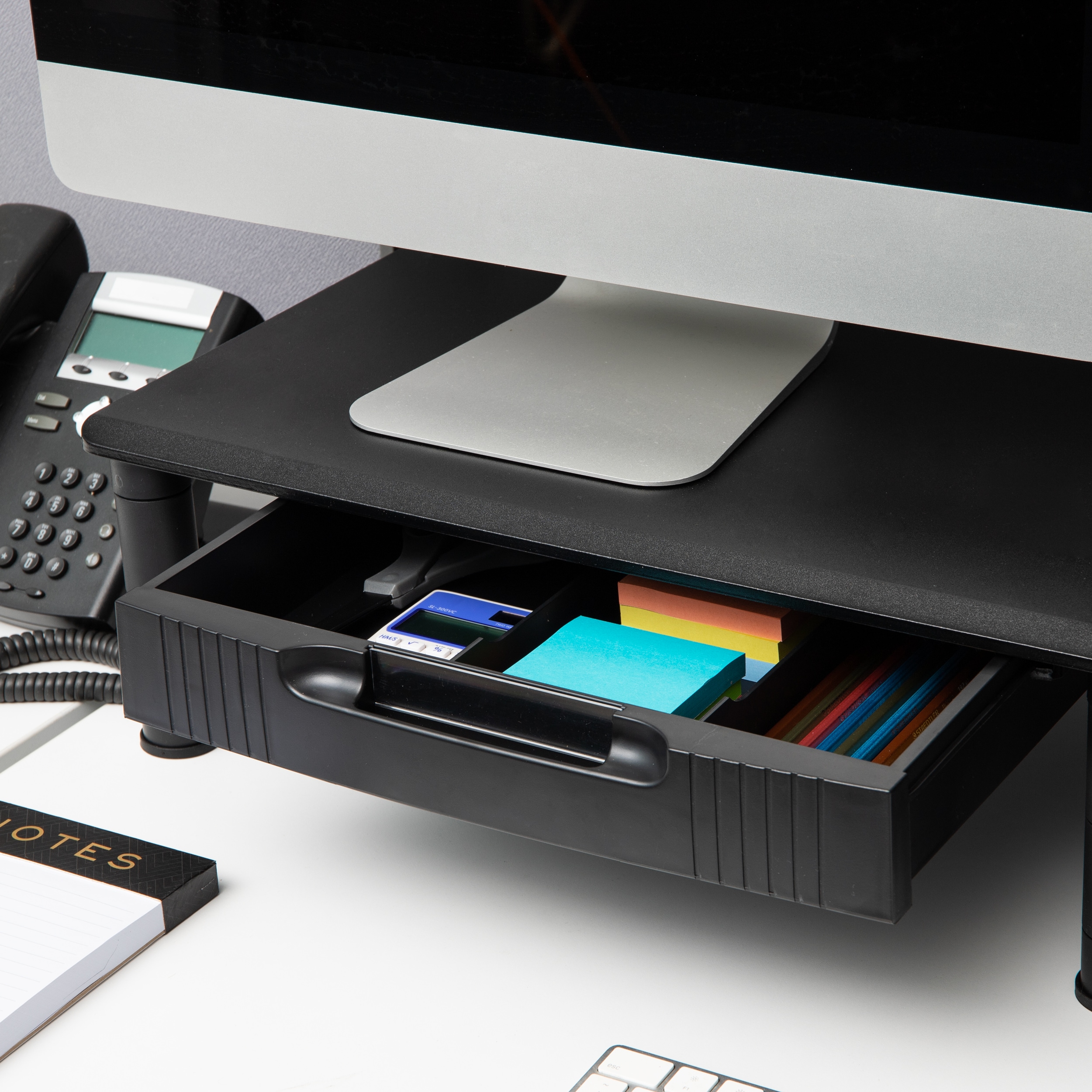 Black MDF Adjustable Dual Monitor Stand with Storage Drawers
