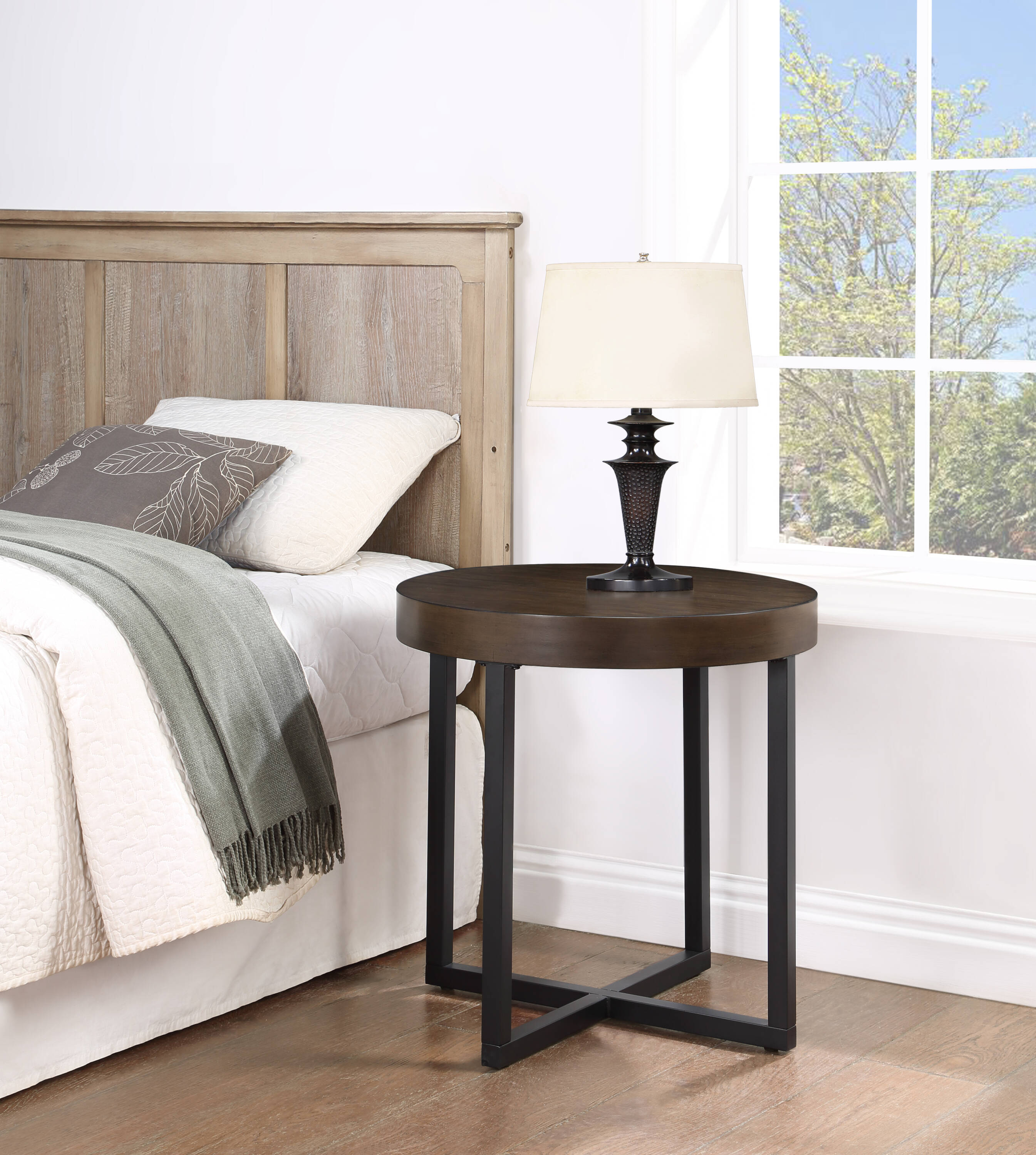 Yukon 24" Round Walnut Wood and Iron End Table