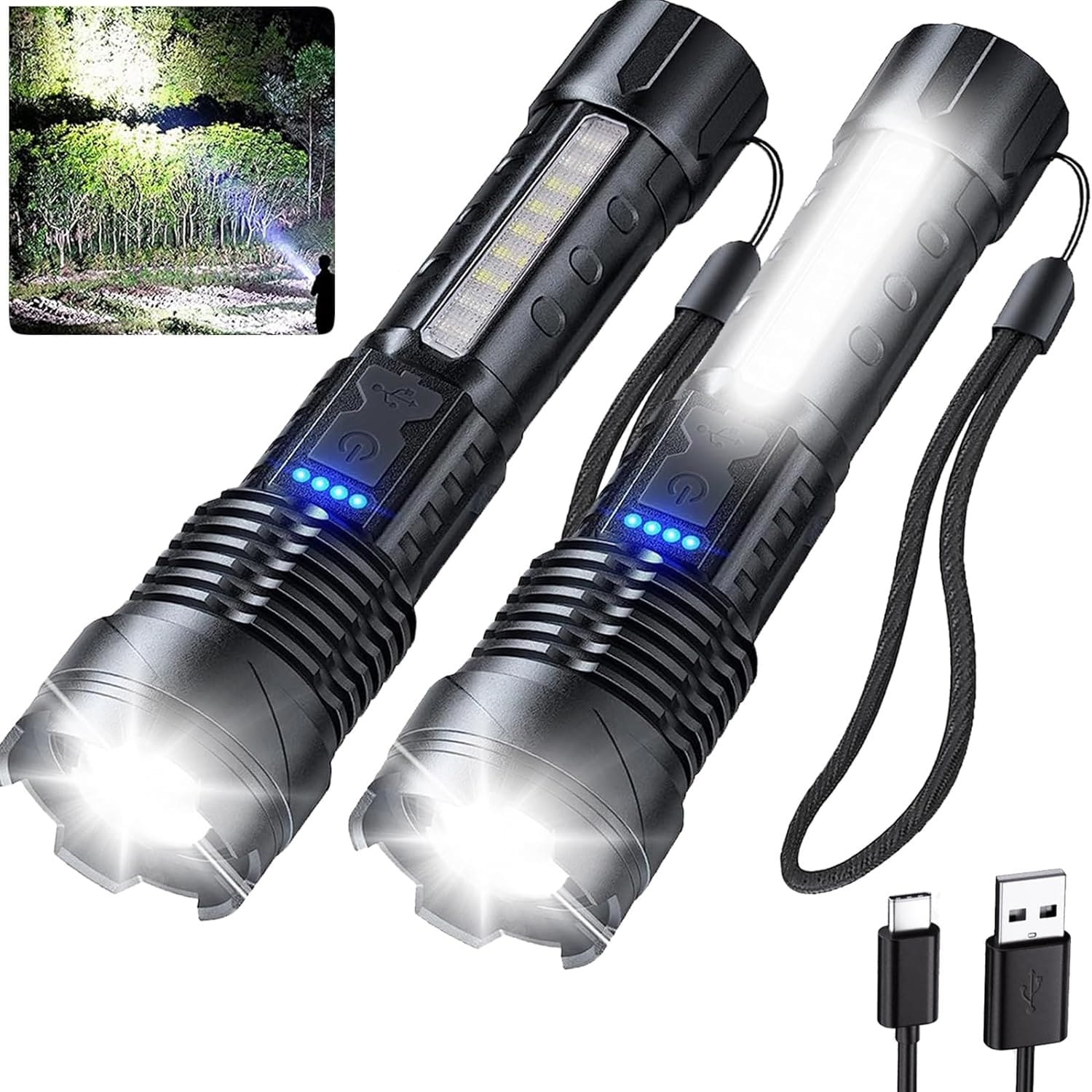 Lukvuzo 2 Pack Rechargeable Flashlights 980000 Lumens High Power LED Zoomable Flashlight 7 Modes COB Side Light IPX6 Waterproof for Home Emergency #LLU0423O36