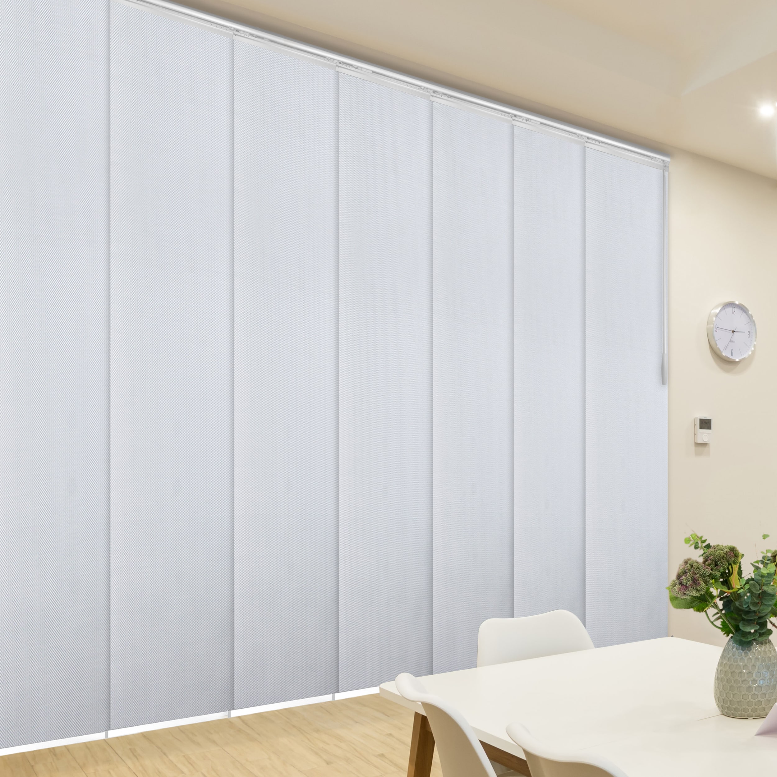 Hart & Harlow L-T24W-7-7P26A Fiord 7-panel 0.3-in Slat Width 23.5-in x 94-in Cordless White Aluminum Light Filtering Vertical Blinds