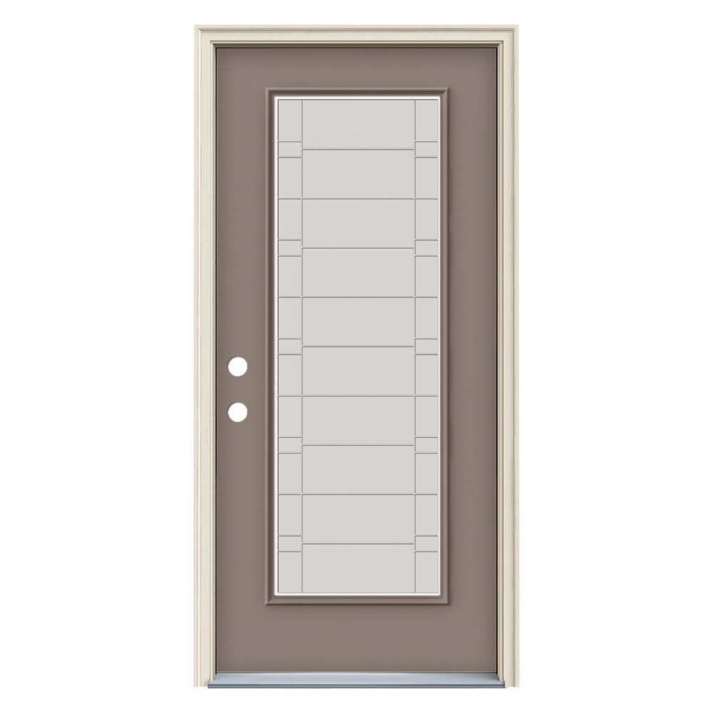 JELD-WEN LOWOLJW231300027 36-in x 80-in Fiberglass Full Lite Right-Hand Inswing Pottery Painted Prehung Front Door with Brickmould Insulating Core