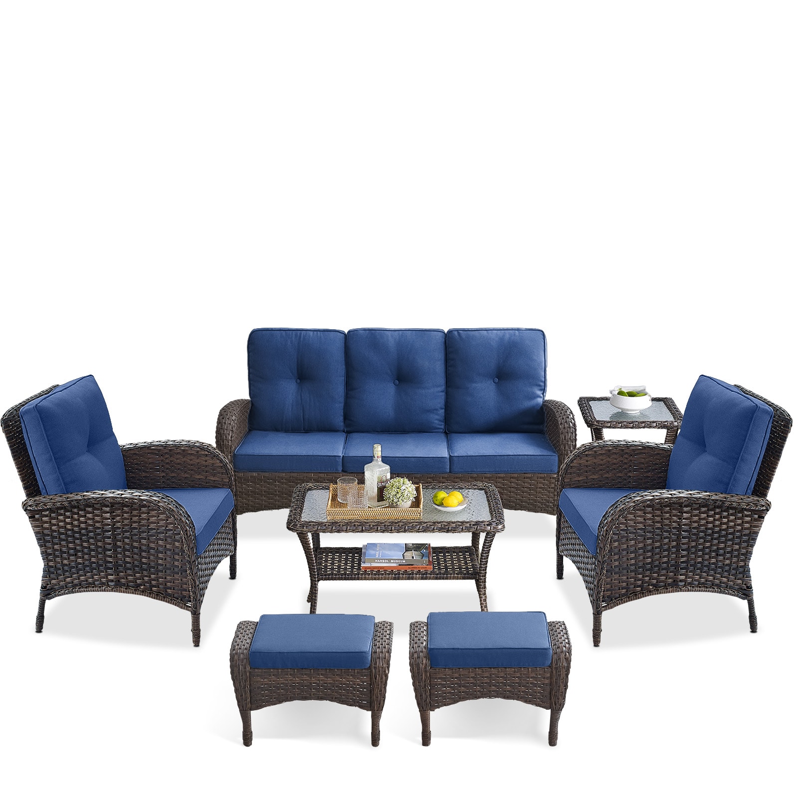 Rilyson FS114116R50087R60-1 7 -Piece Wicker Patio Sofa Conversation Set with Blue Cushions
