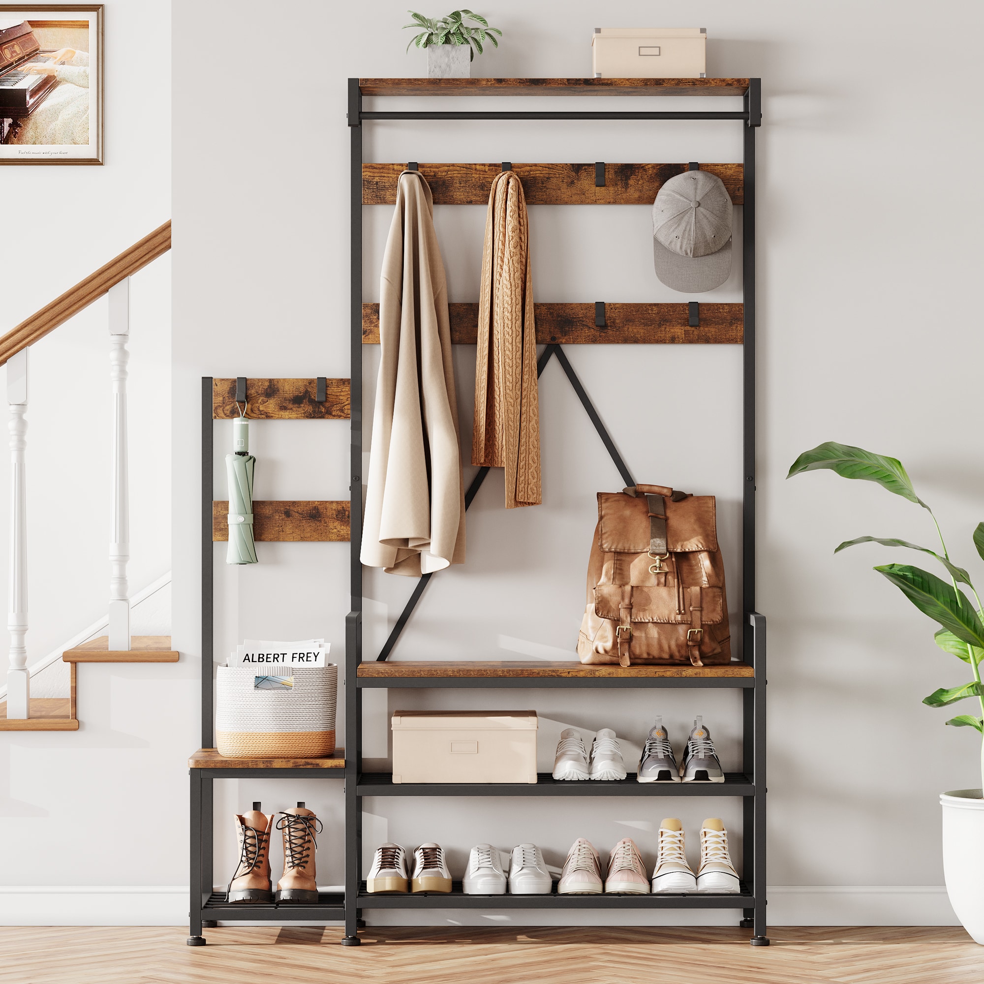 IdealHouse Vintage Hall Tree with Bench 5 in 1 Freestanding Entryway Coat Rack with 10 Hooks Shoe Storage Top Shelf and Metal Frame Multifunctional Organizer for Hallway Mudroom Bedroom Vintage Color