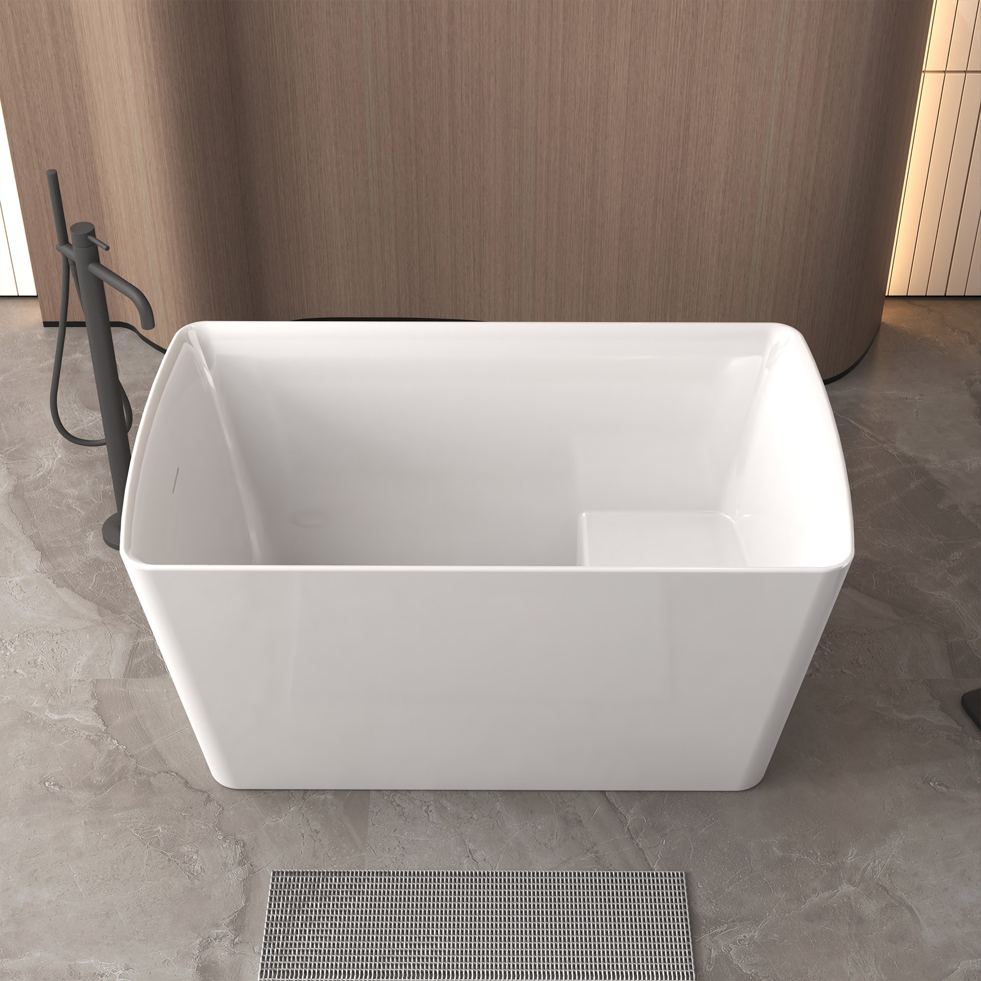POCCI - Rectangular 47 Inch Freestanding Soaking Tub with Seat Gloss White Acrylic Bath with Chro...