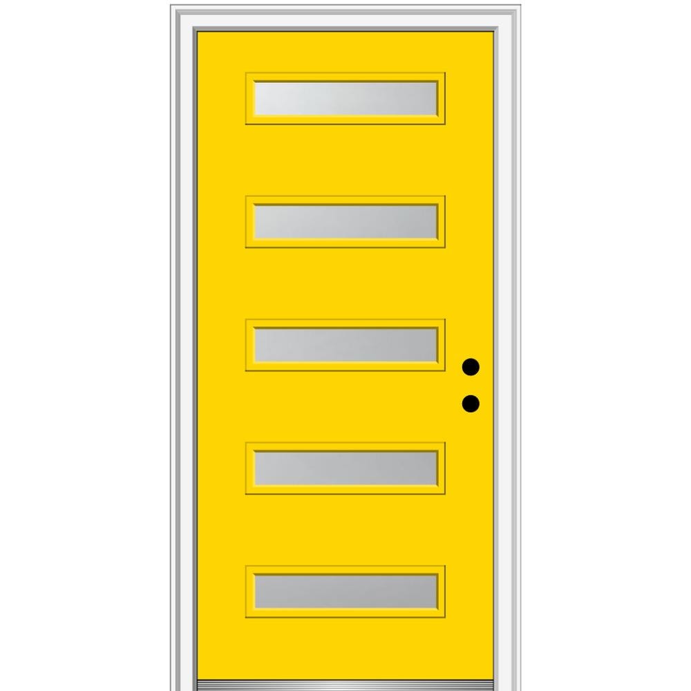 MMI DOOR ZZ347757L Spotlights 32-in x 80-in x 4-9/16-in Fiberglass Pulse lite Left-hand inswing Yellow Flash Painted Prehung Front Door with Brickmould Insulating core