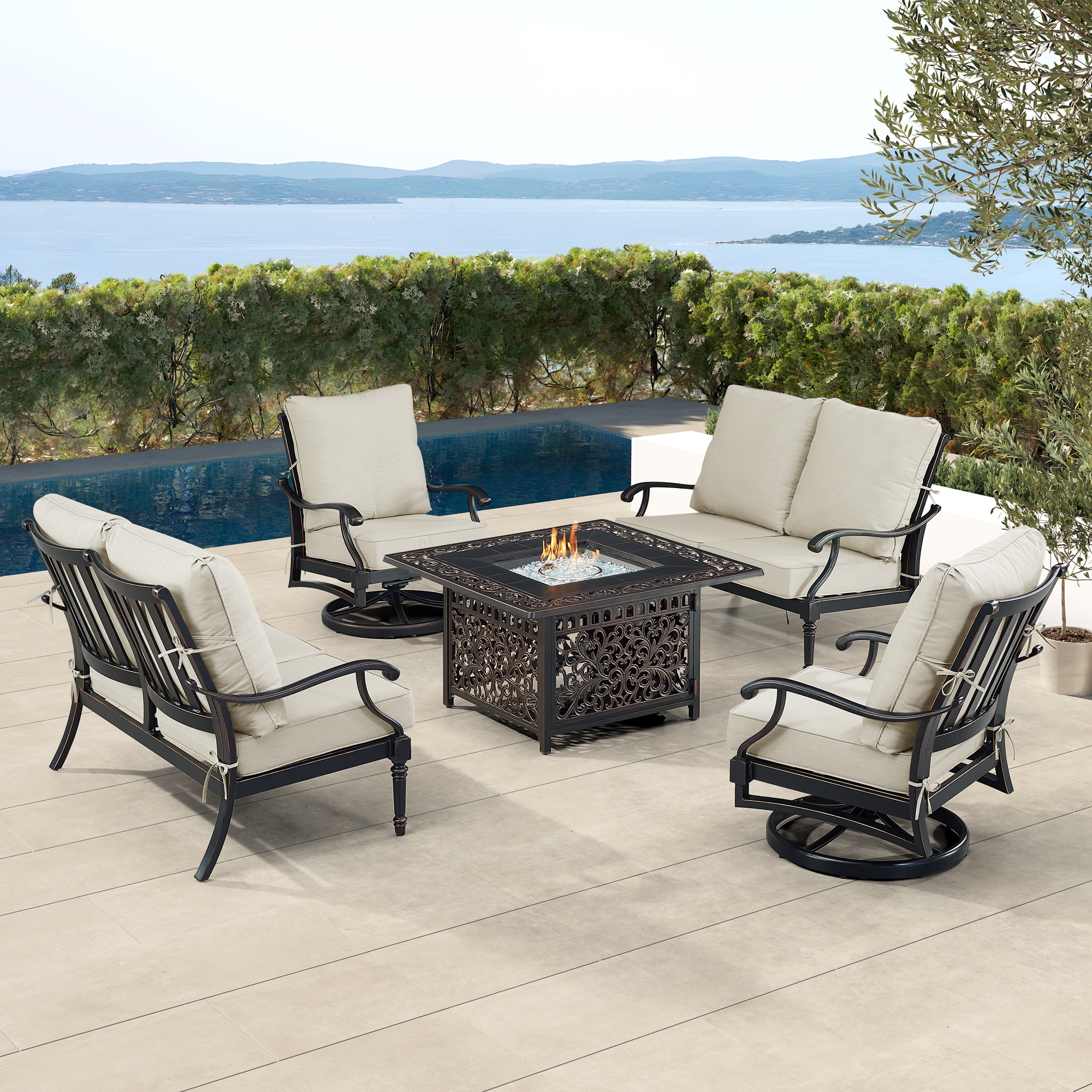 Oakland Living SHACO2LS2CHMAYANLGCU Fire Pit Table Set, Two Loveseats, Two Lounge Chairs and Wind Guard 20 -Piece Patio Conversation Set with Gray Cushions