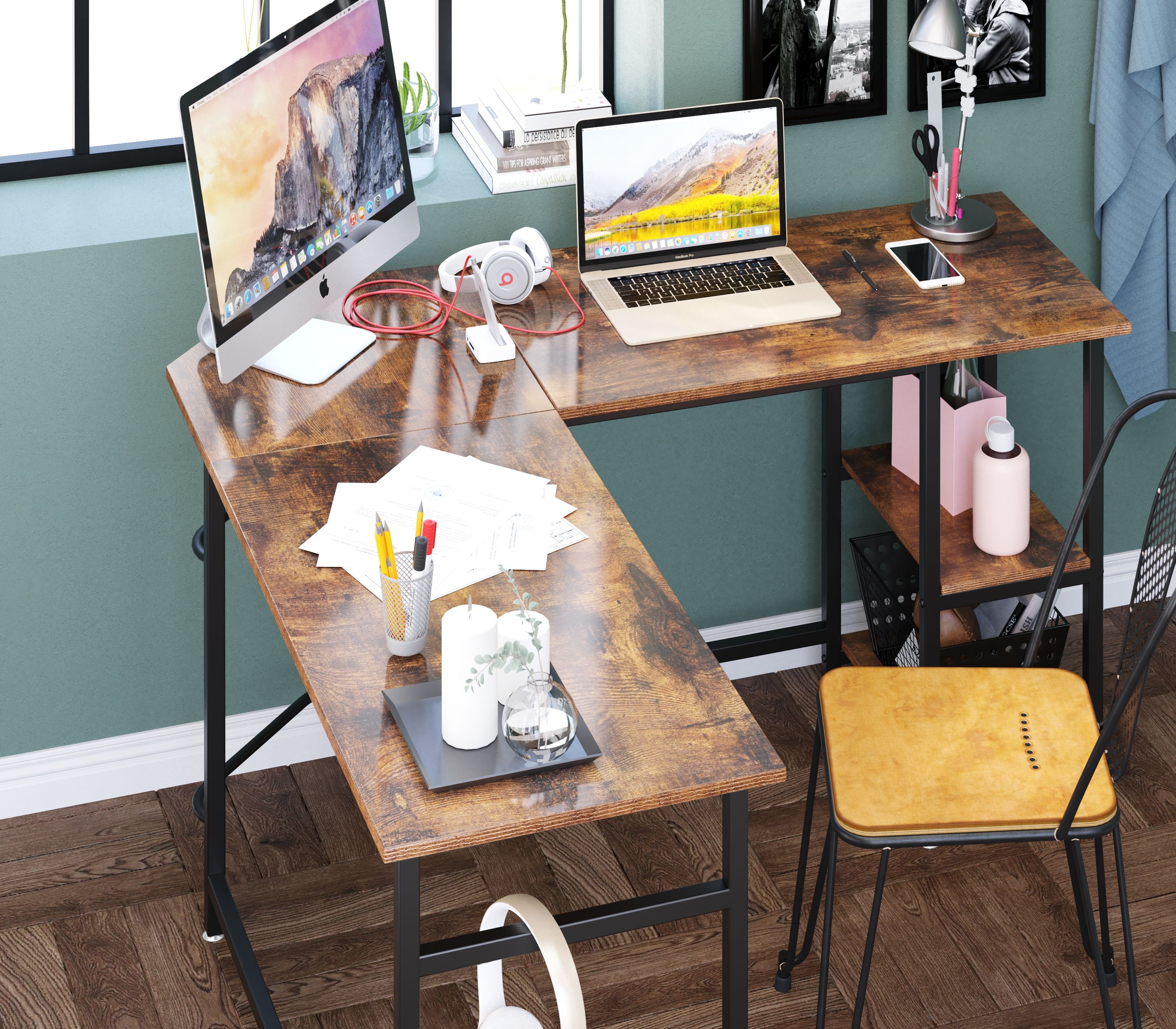 94.4 L Shaped Desk with Hutch, Home Office Desk with File Drawers, 94.4  Inches Two Person Desk, Corner Computer Desk with Keyboard Tray, Monitor