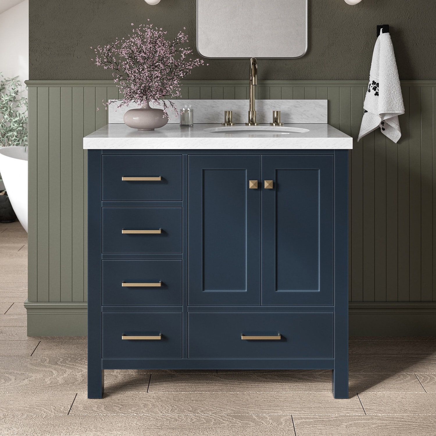 ARIEL A037S-R-VO-MNB Cambridge 37-in Midnight Blue Undermount Single sink Bathroom Vanity with Carrara White Marble Natural marble Top