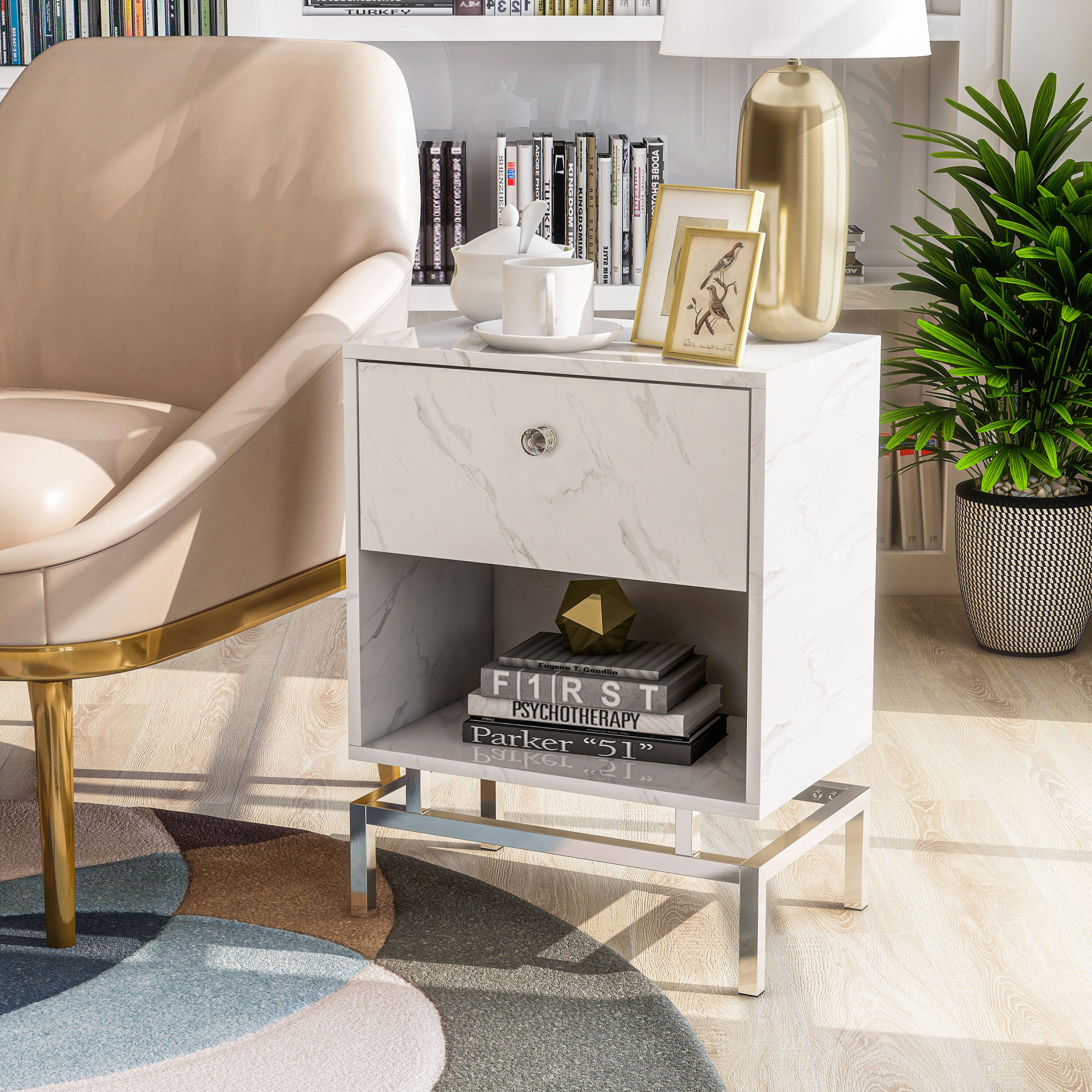 Furniture of America IDF-AC319WH Paga 18-Inches W x 24-Inches H White Faux marble Rectangular Modern End Table with Storage Assembly Required