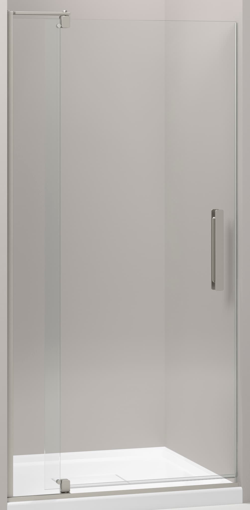 KOHLER 707511-L-BNK Revel Anodized Brushed Nickel 21-1/2-in x 70-in Frameless Pivot Soft Close Shower Door