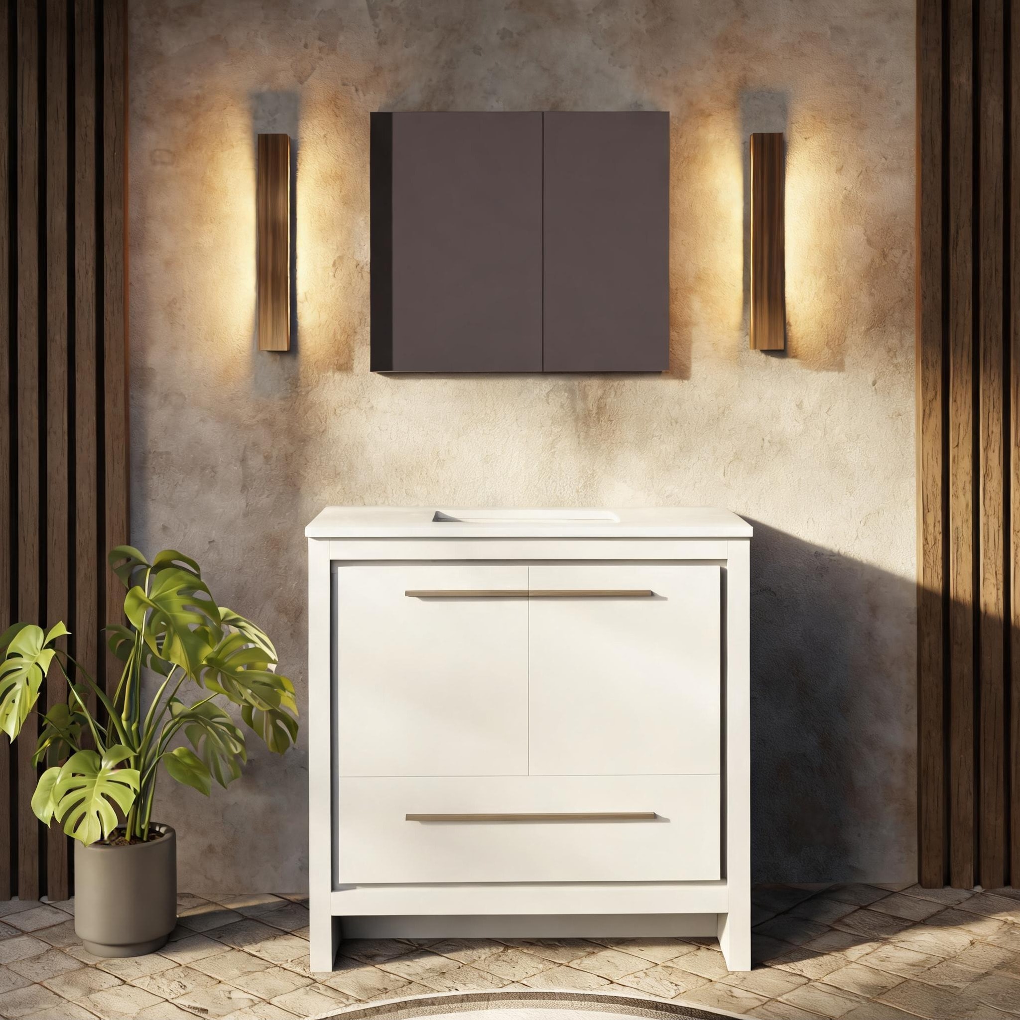 SunJet Soft White Wood Bathroom Vanity Set with Quartz Top Mirror 36-Inch Sleek Storage