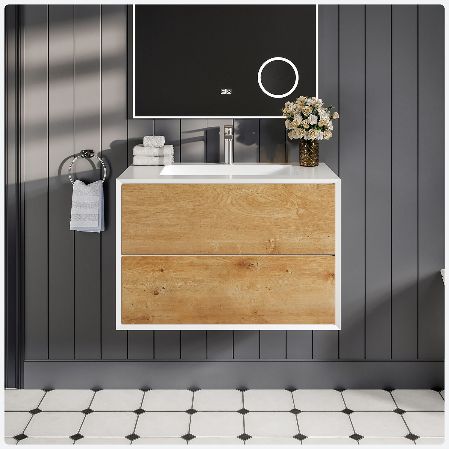 Eviva EVVN777-36OAK-WH Vienna 36-in Oak / White Frame Single sink Floating Bathroom Vanity with White Acrylic Top