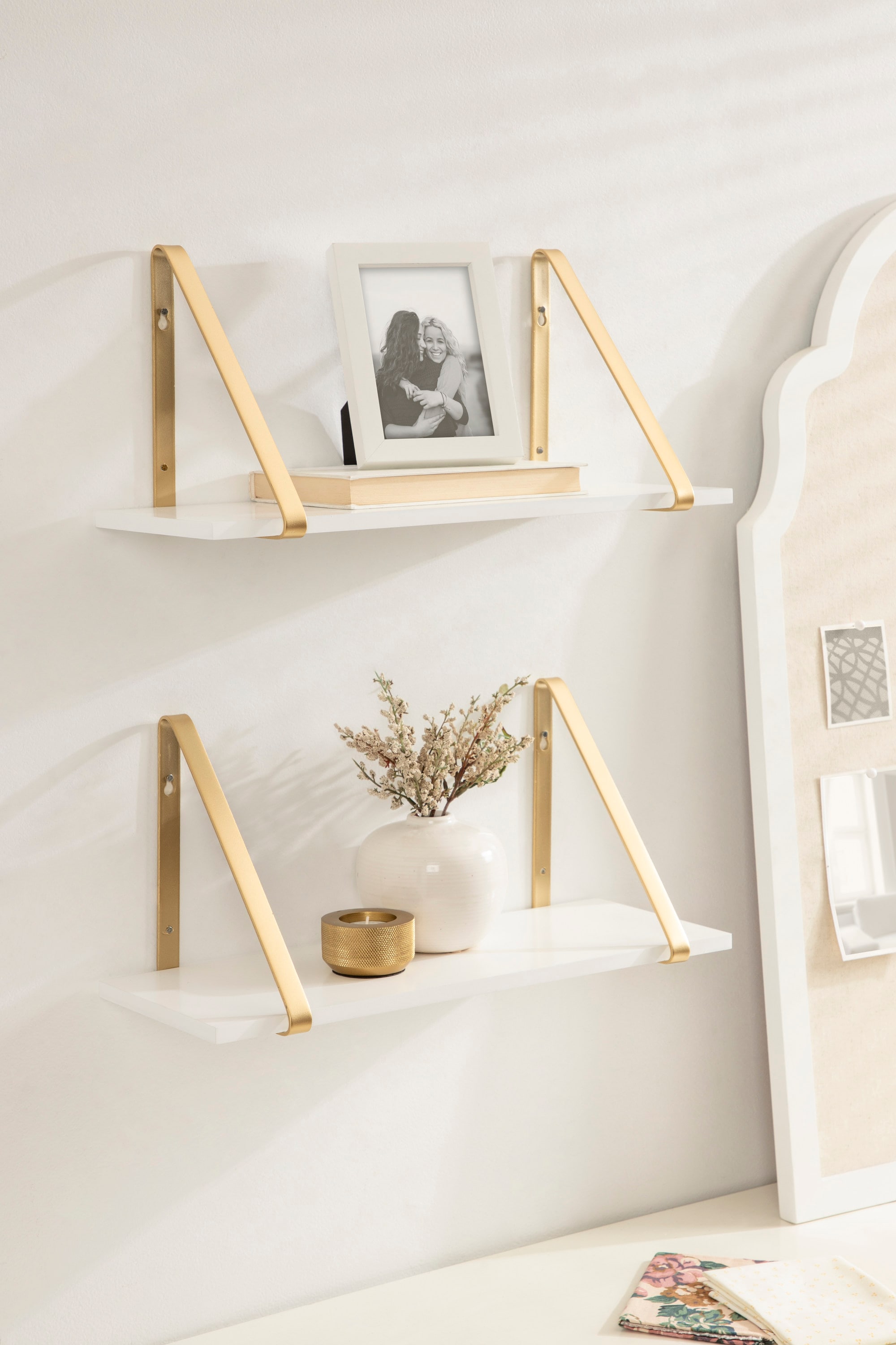 Soloman 21" White and Gold Modern Wooden Wall Shelves - 2 Piece