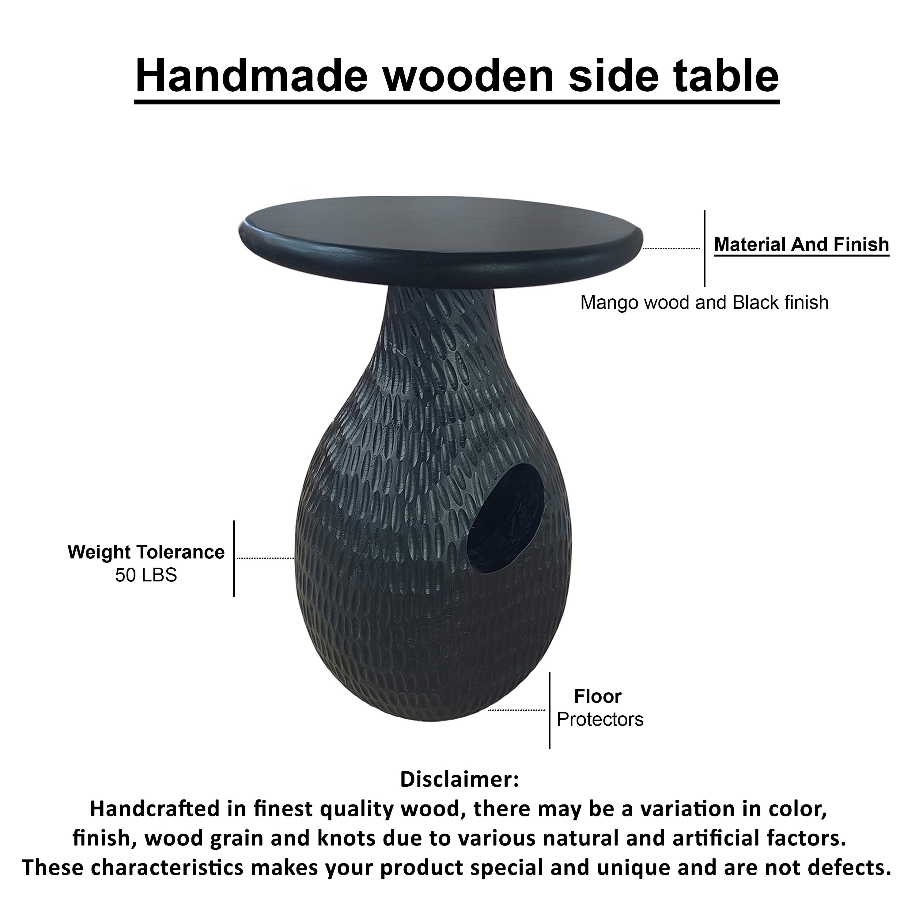 Handcrafted Black Mango Wood Round Side End Table