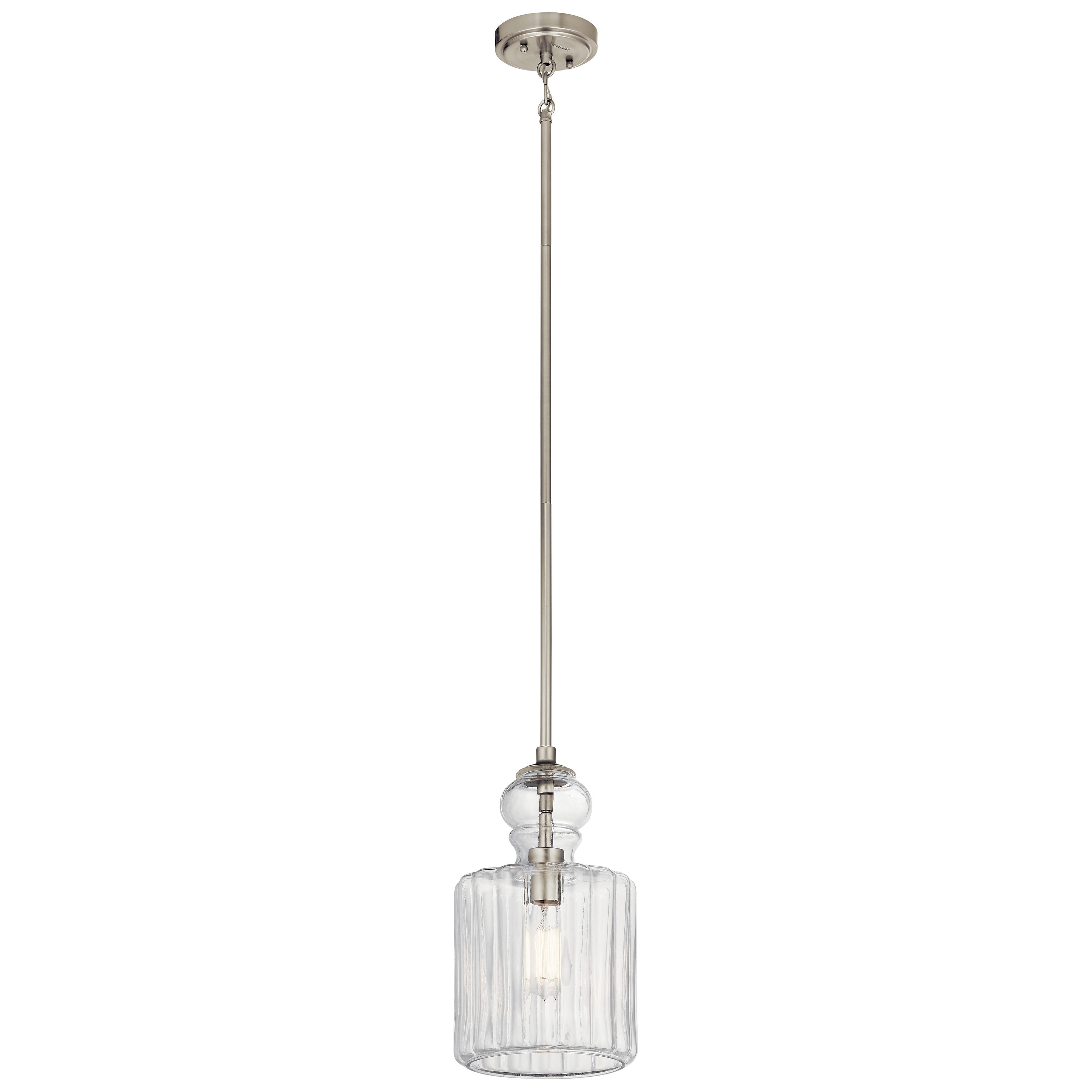 Kichler 43954NI Riviera 1 -Light Brushed Nickel Transitional Ribbed glass Jar Small Hanging Pendant light
