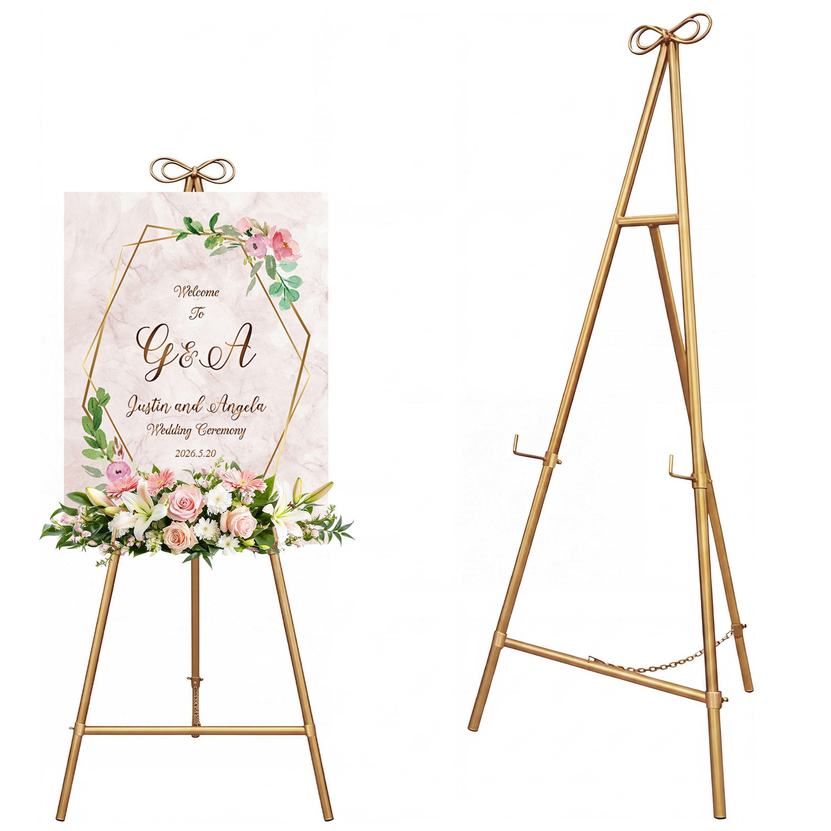 Garvee Metal Display Easel Stand Adjustable Floor Tripod with Bowknot Design for Wedding Welcome Sign Gold A-Frame Poster Stand for Art Canvas Bridal Shower Party Decor Portable Sign Holder