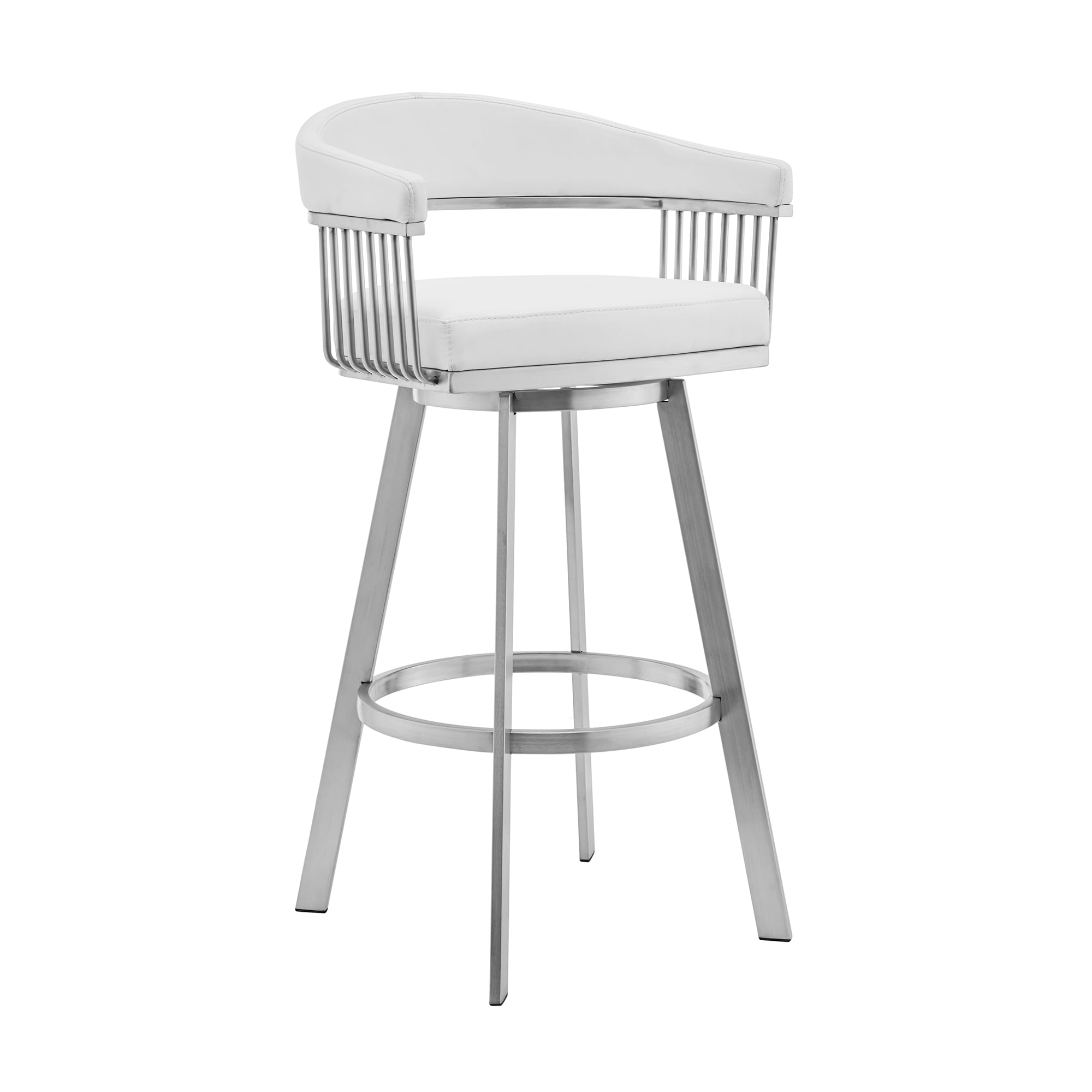 Armen Living 721535762255 Bronson White/brushed stainless steel 29.0-in H Bar height Bucket seat Upholstered Swivel Metal Bar Stool with Arms and Back