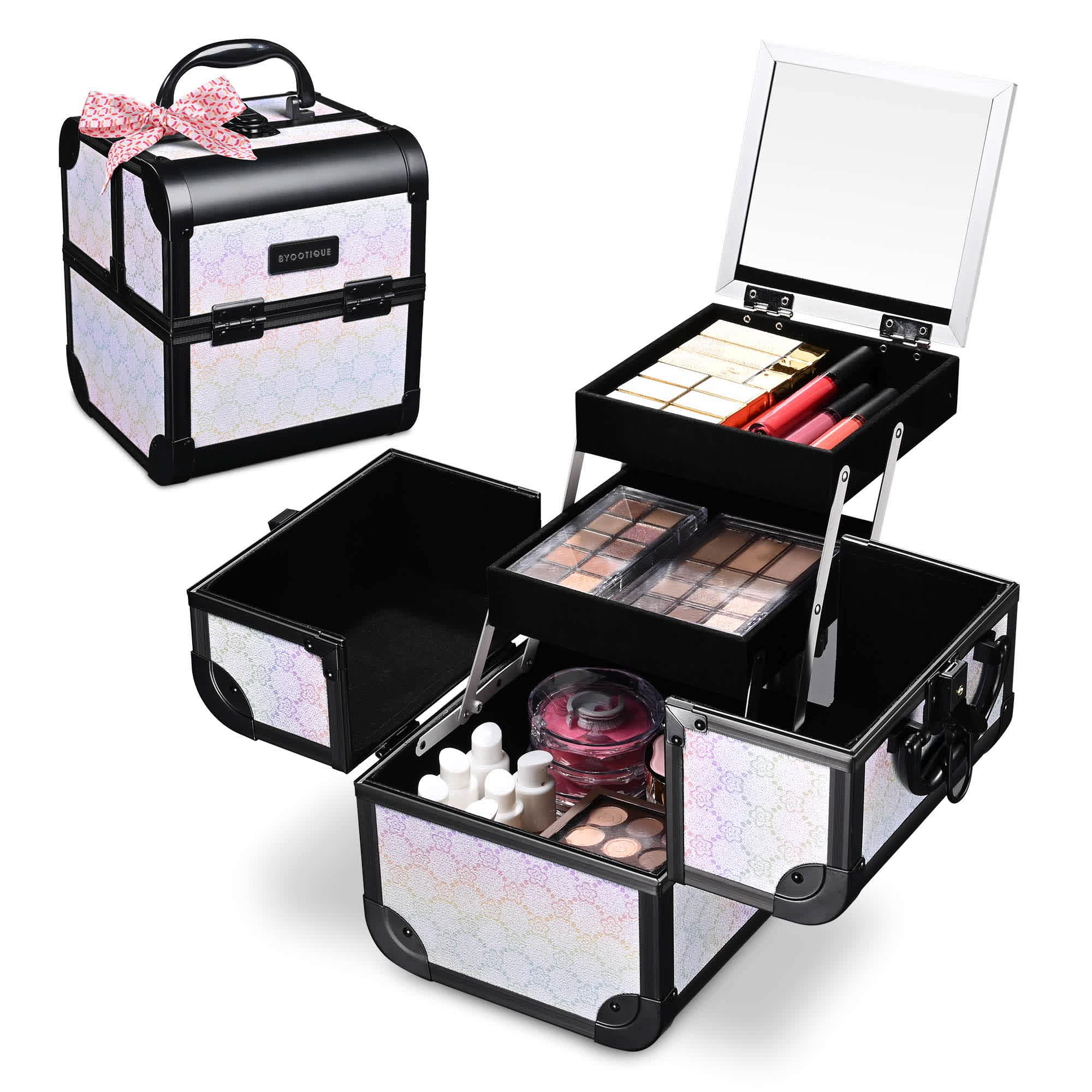 Yescom 12MKC028-S-FMN07-LO Byootique Makeup Train Case Cosmetic Organizer with Mirror Artist Pure ForgetMeNot
