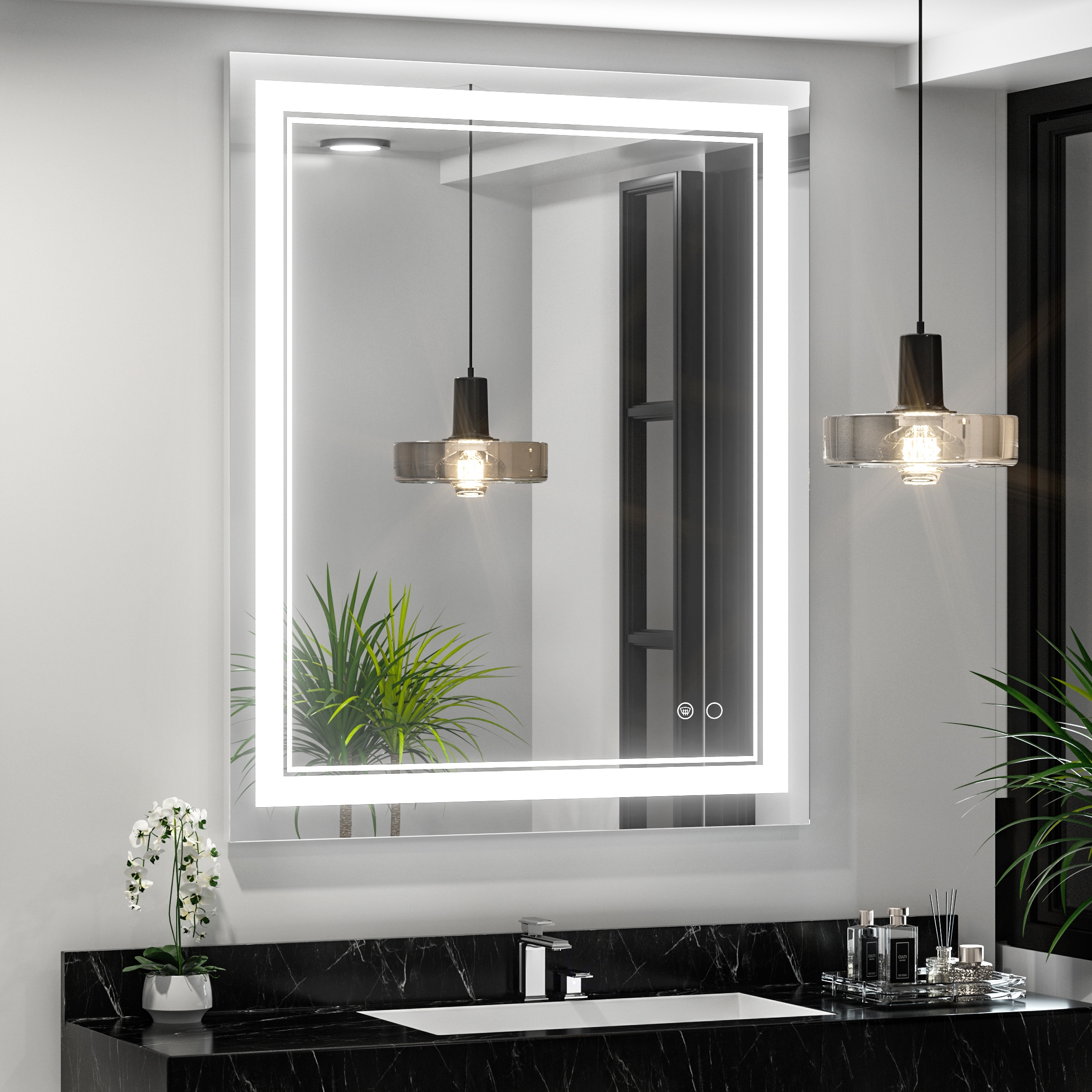 Keonjinn LW-JZ-ZGSSW-8191 32-in x 36-in Polished Frameless Rectangle Dimmable LED Lighted Fog Free Bathroom Vanity Mirror ( Sliver )