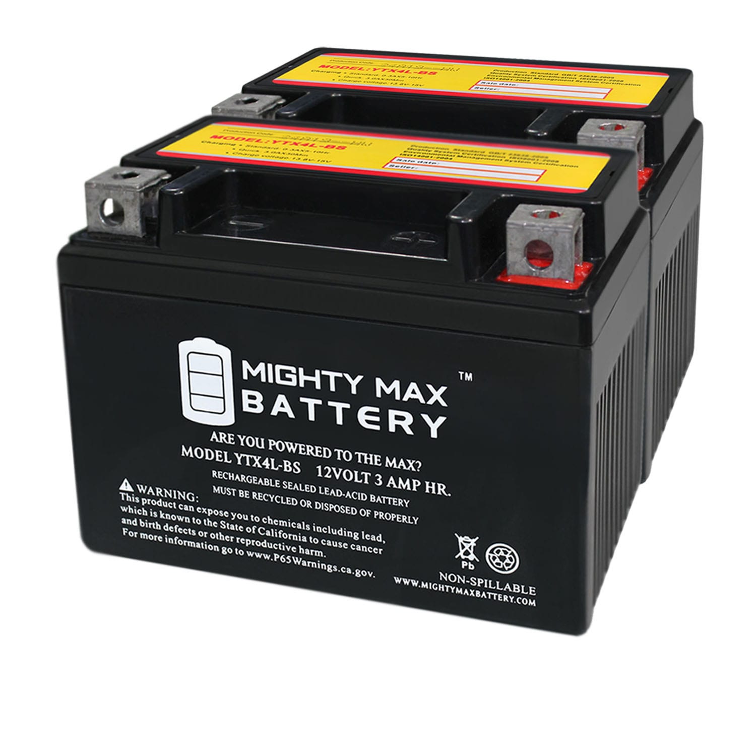 Mighty Max Battery MAX3888325 YTX4L-BS for ATV Motorcycle CRF250X Rechargeable Sealed lead acid 1230 Backup power Batteries 2 -Pack