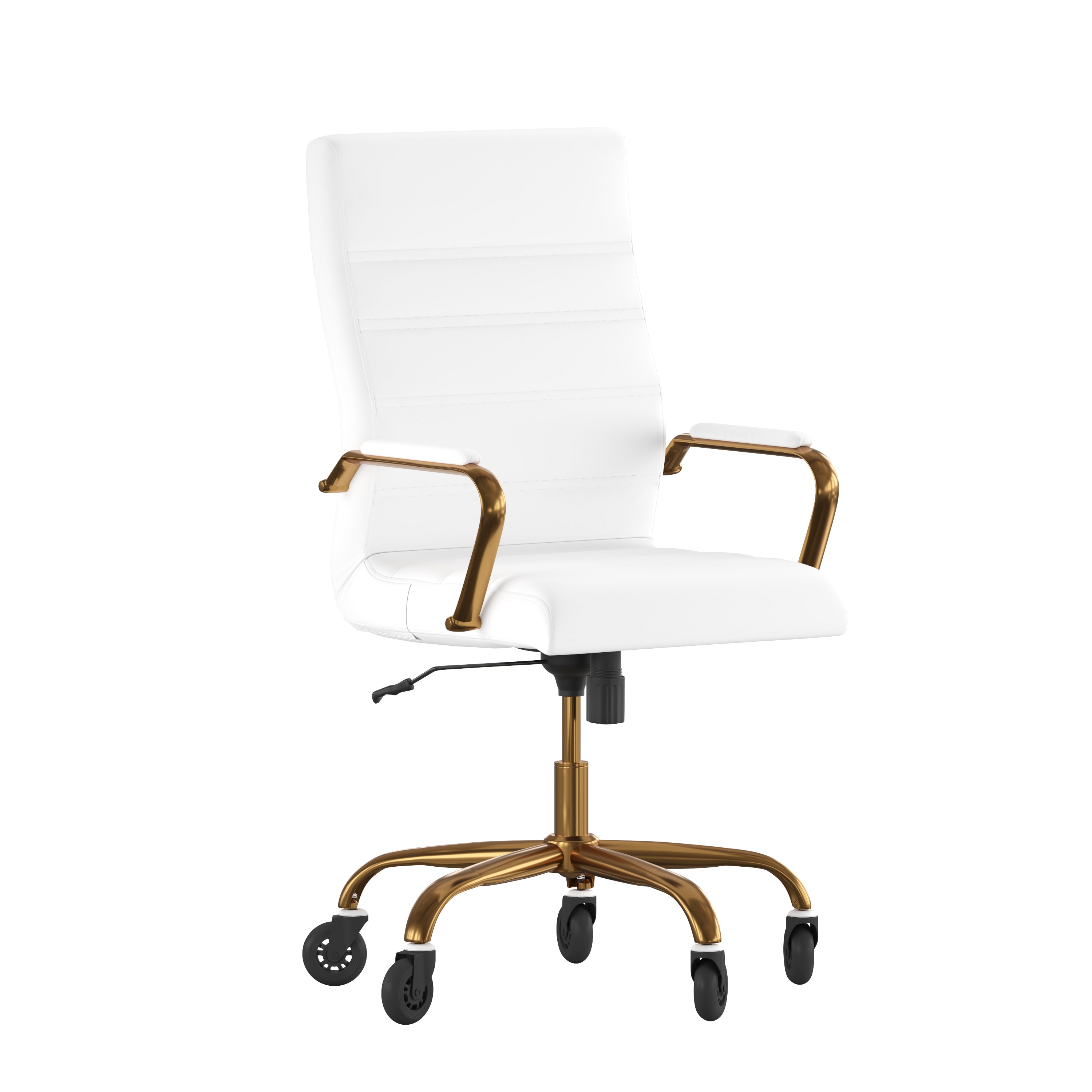 Flash Furniture 840196381725 Whitney High Back White LeatherSoft Executive Swivel Office Chair with Gold Frame; Arms; and Transparent Roller Wheels