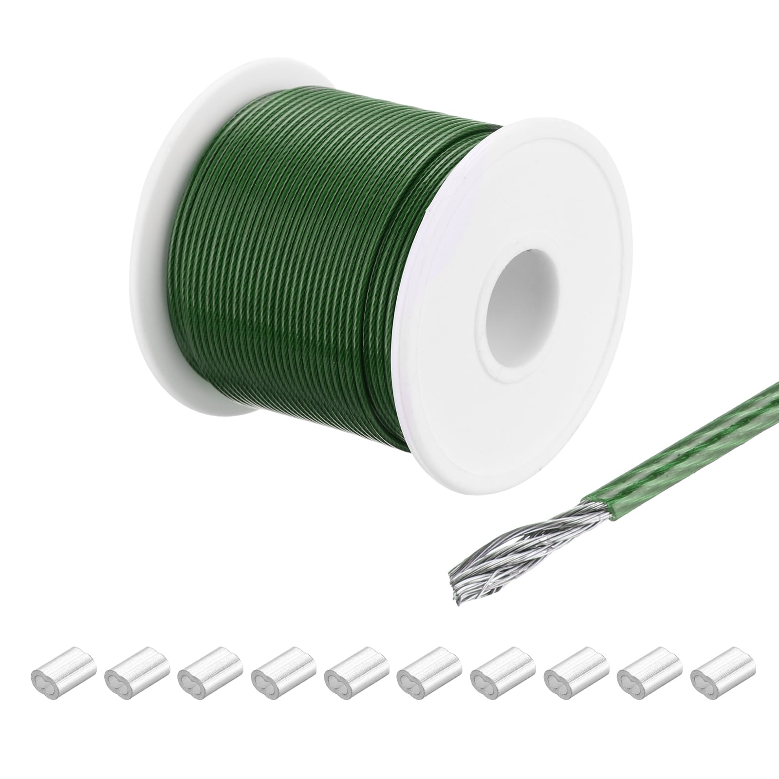 Unique Bargains 1 Set 197Ft(60M) Wire Rope 304 Stainless Steel Cable 1/16Inch (1.5 mm) Vinyl Coated with 10pcs Aluminum Sleeves for Hanging Clotheslines Lifting Green
