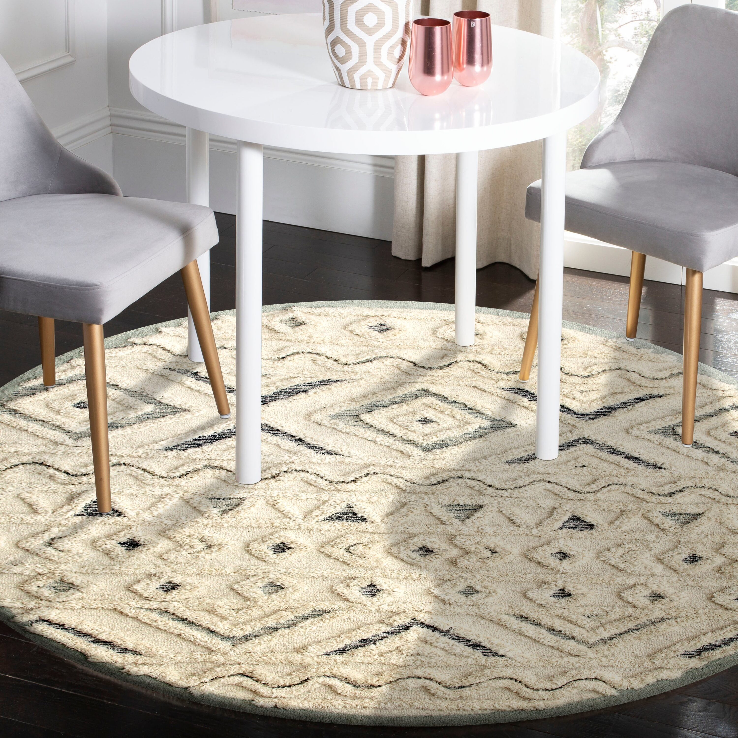 Handmade Light Blue Round Tufted Wool Geometric Area Rug