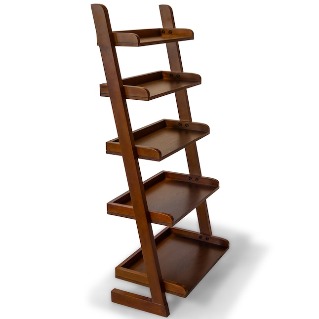 Cherry Wood 5 Shelf Ladder Bookcase, 55 In White Wood 4 Shelf Ladder Bookcase With Open Back