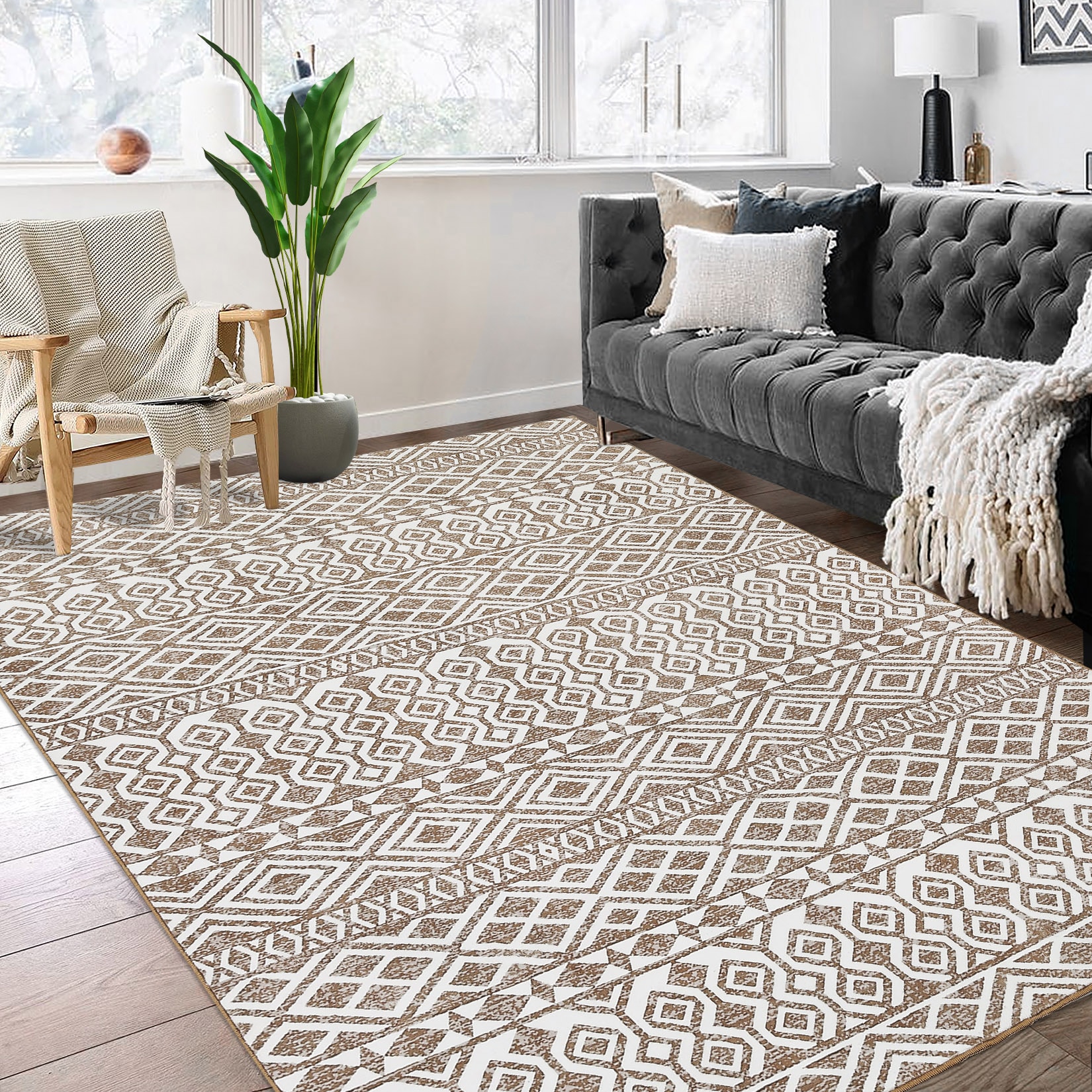 Garvee YXY-LO-PHO-0ZBISNC1 9 x 12 (ft) Loomed Polyester Light Brown Rectangular Indoor Geometric Moroccan Machine washable Area rug