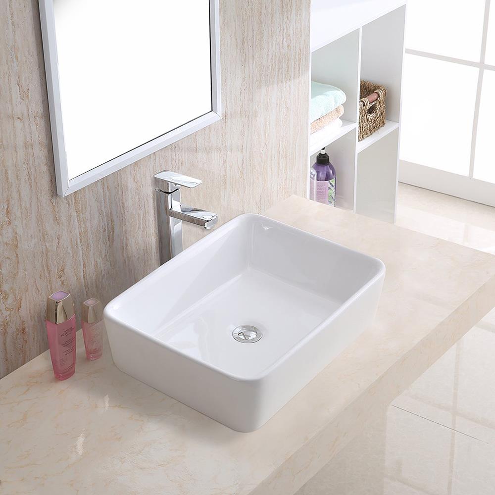 CASAINC White Porcelain Drop-In Rectangular Trough Bathroom Sink (19-in ...