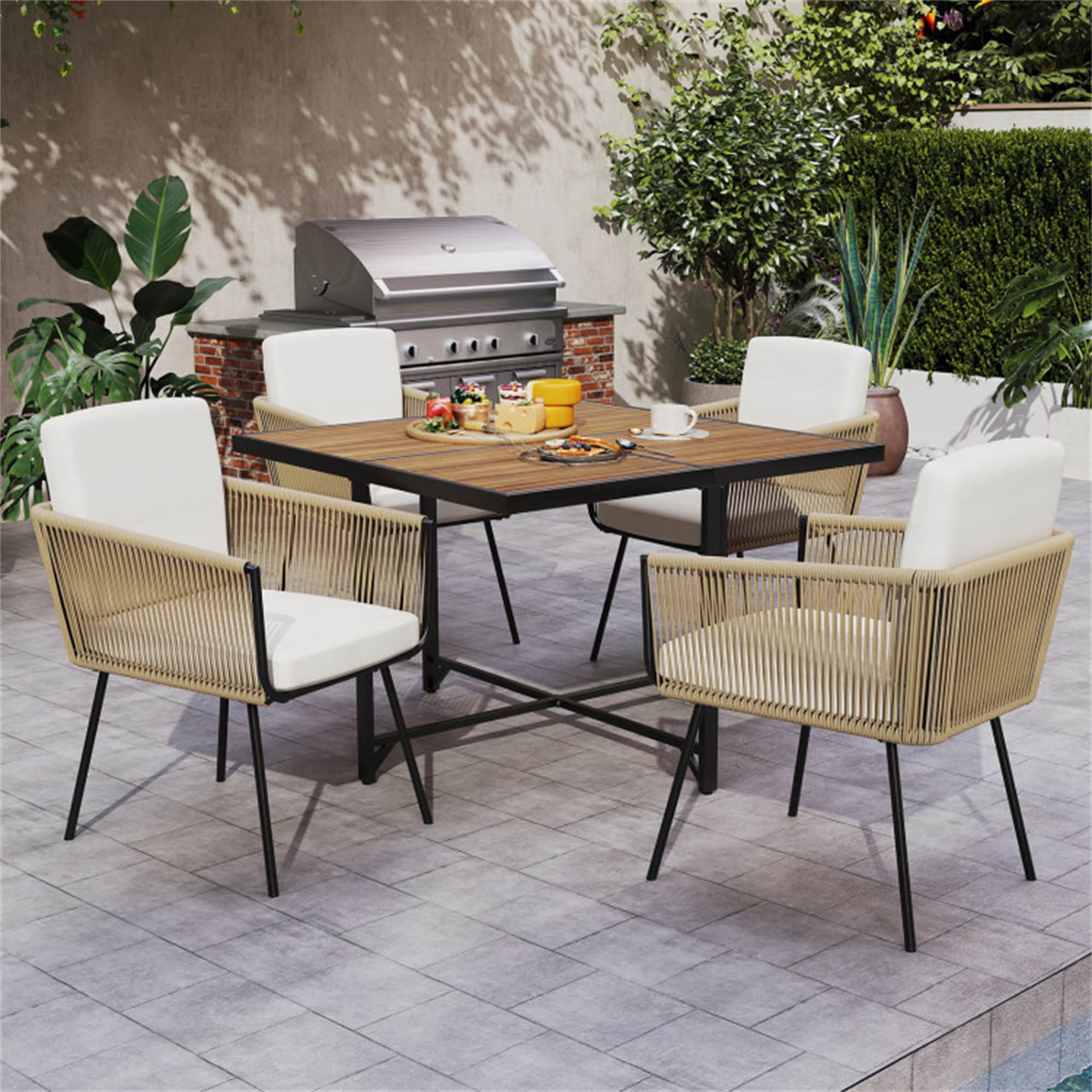 BABOOM BOM-42TU-CO Patio Furniture Set 5 -Piece Light Brown Rattan Patio Dining Set Wood Square Table with 4 Off-white Cushions Stationary Chairs