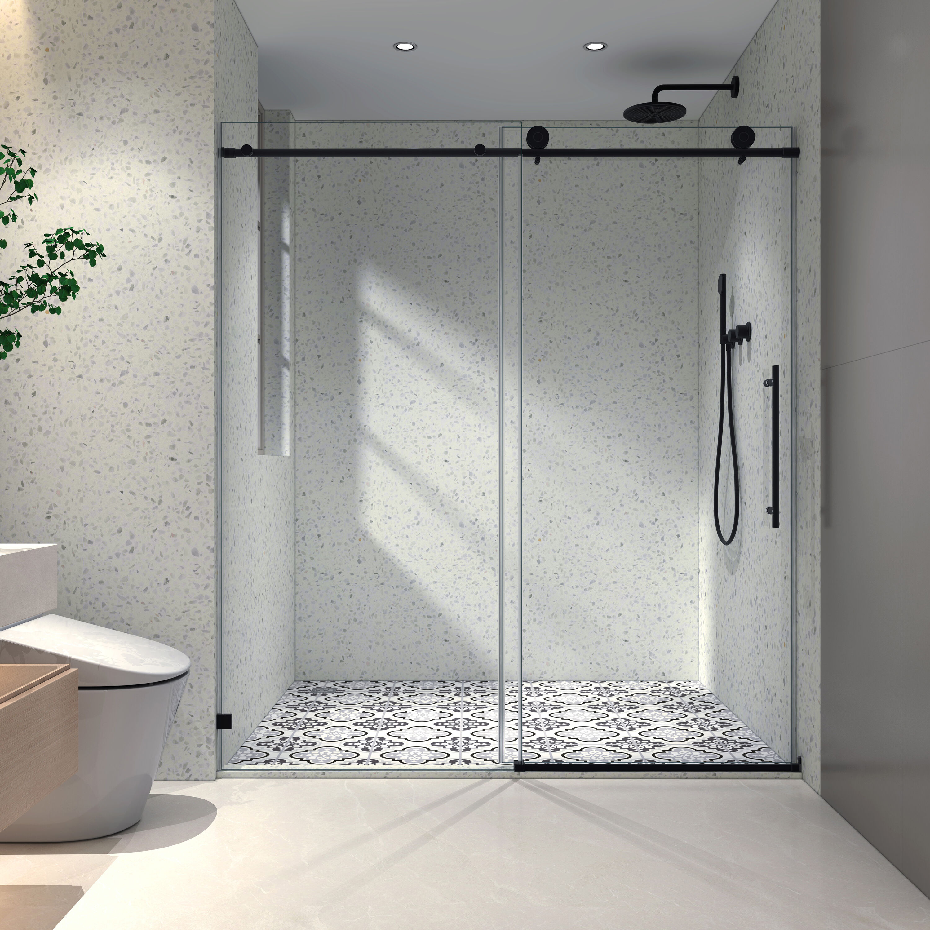 LOVMOR SF-H-W2517P180212 Matte Black Frameless One Fixed and One Shifted Shower Door 70MM 304 Stainless Steel Large Pulleys with Adjustable Soft Closing Function