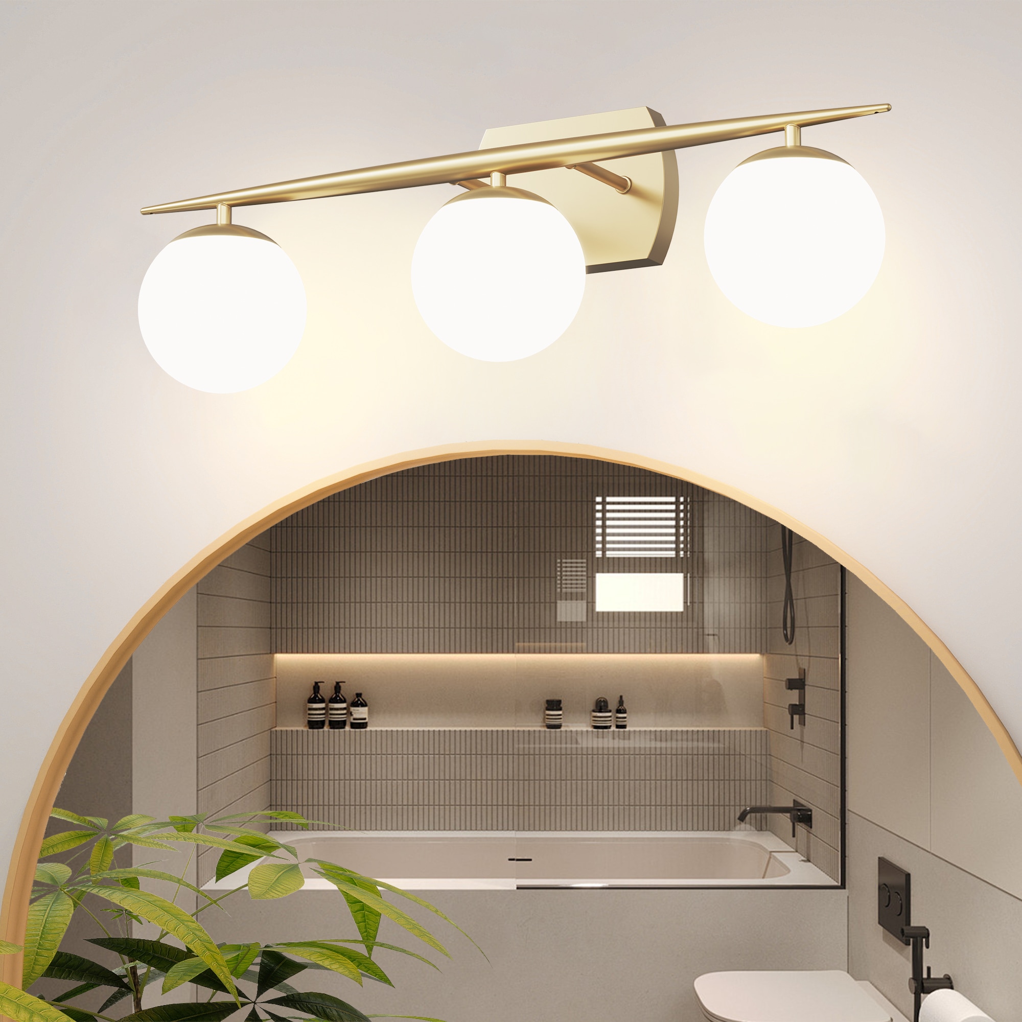 LOBREG  Gold Bathroom Vanity Light  25.2 in. 3-Light Indoor Wall Sconce with White Round Glass Shades for G9 Bulbs