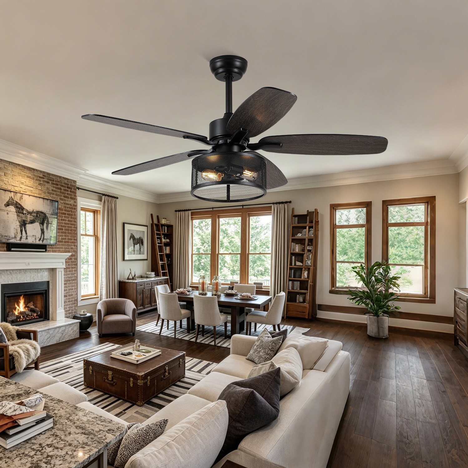 Kviflon - 48 in Downrod Ceiling Fan with Light Quiet DC Motor 6 Speed Reversible Ceiling Fan Dual...
