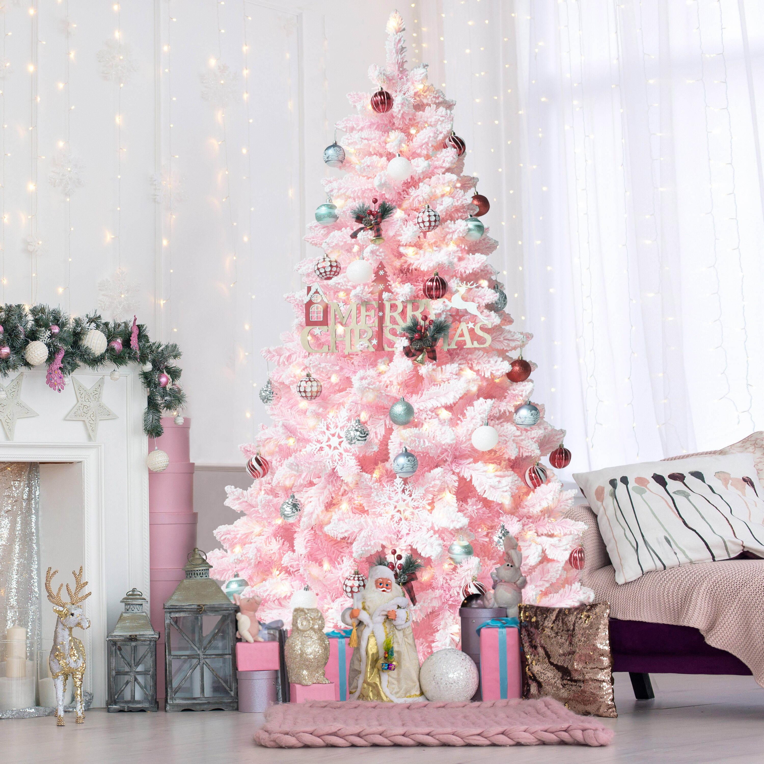 VEIKOUS - 6-ft Pine Pre-lit Flocked Pink Artificial Christmas Tree with White LED Lights