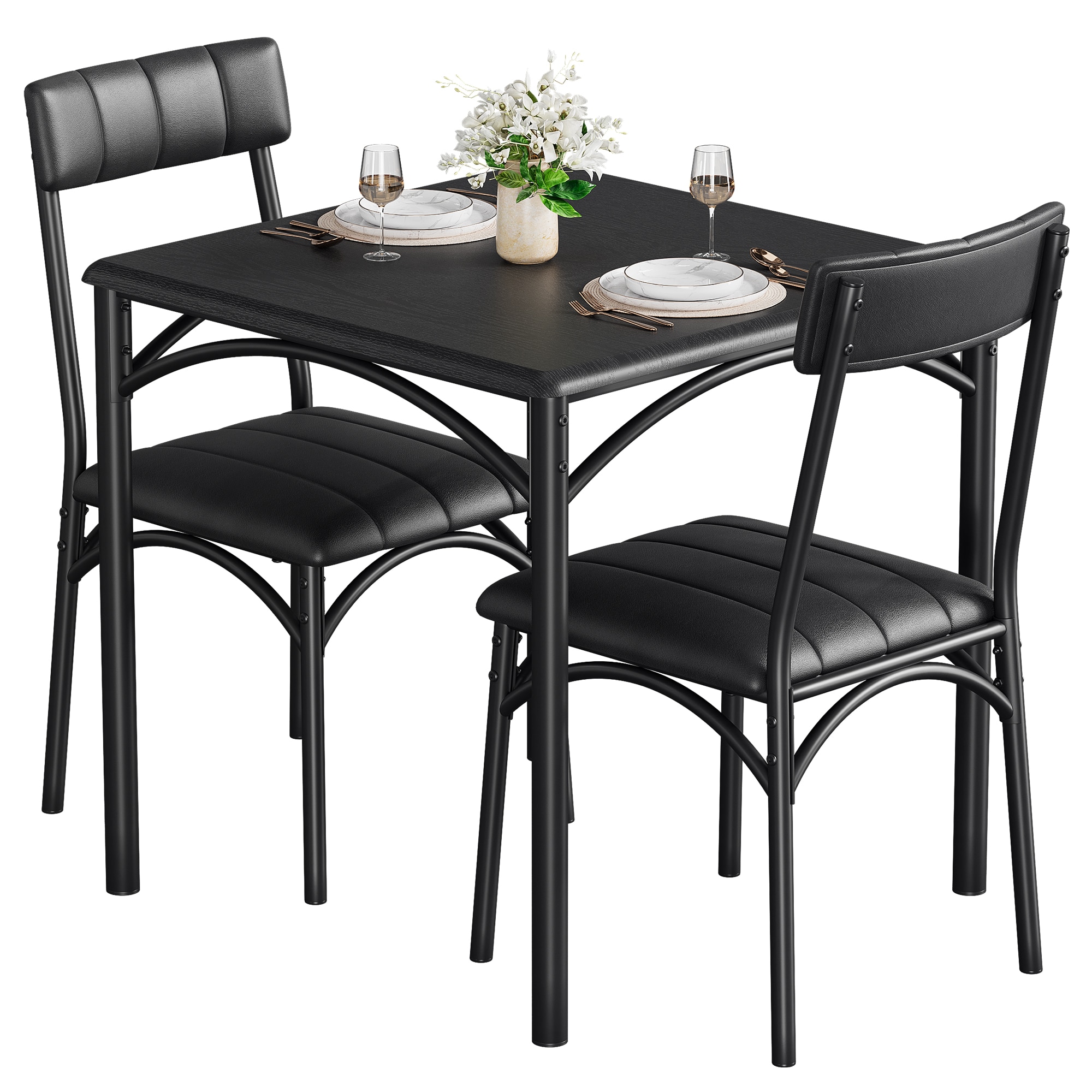 IdealHouse Modern Space-Saving 3-Piece Dining Table Set for 2 - Square Kitchen Table with 2 Upholstered Chairs - Metal and Wood Construction Ideal for Apartments Small Spaces Black