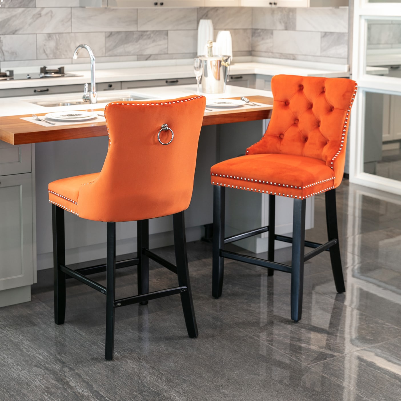 Hrinhom HC-W8001-ORANGE Orange 26.3-in H Tall Square seat Upholstered Wood Bar Stool and Back