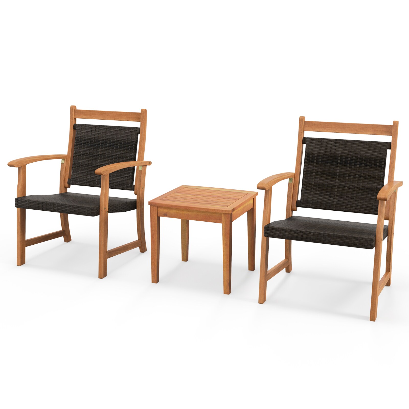 Slickblue D-CO-47676WH 3-Piece Rattan Bistro Set with Reddish Brown Acacia Wood Frame Two Chairs and Side Table for Patios Balconies or Gardens