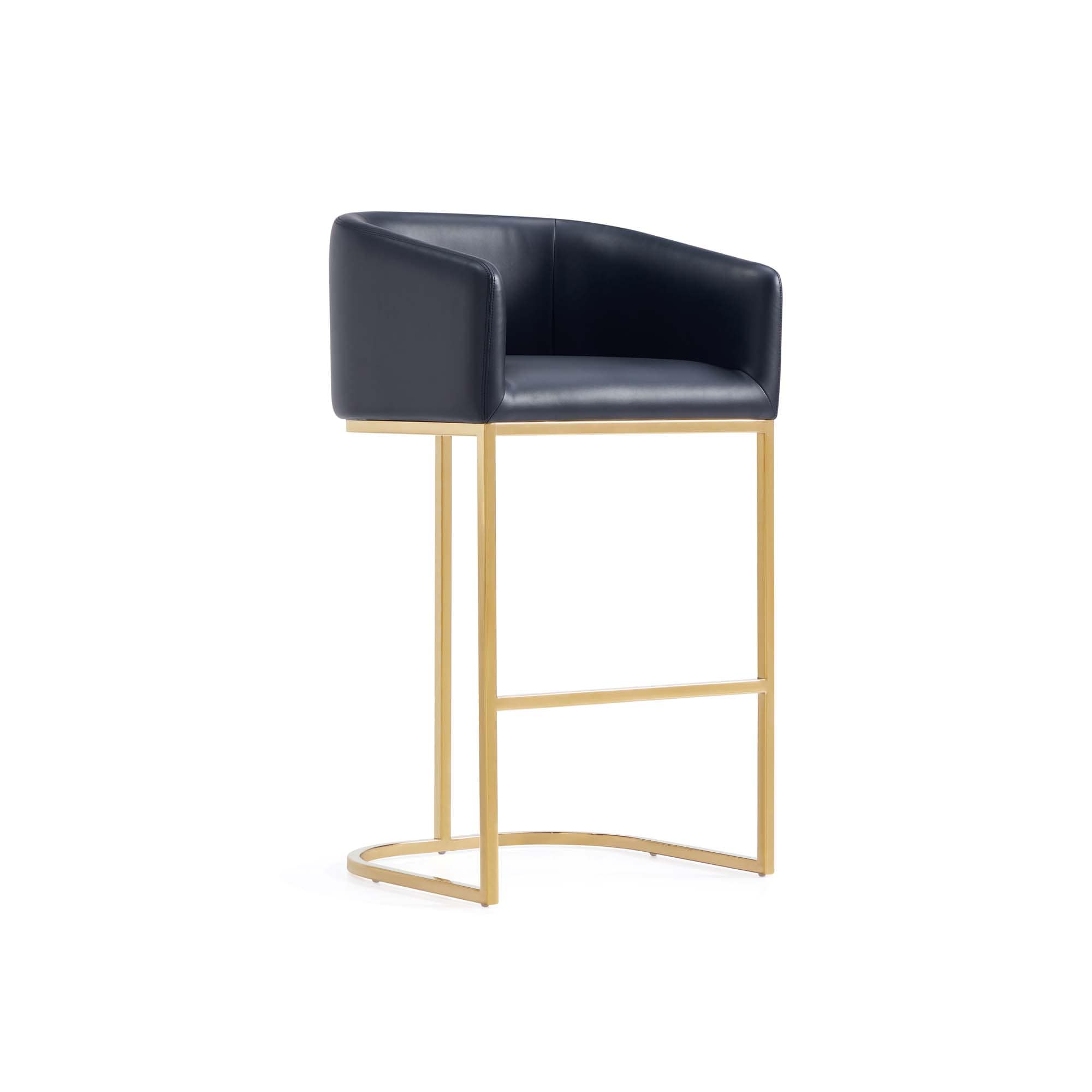 Set of 3 Black Leather and Gold Metal Barstools