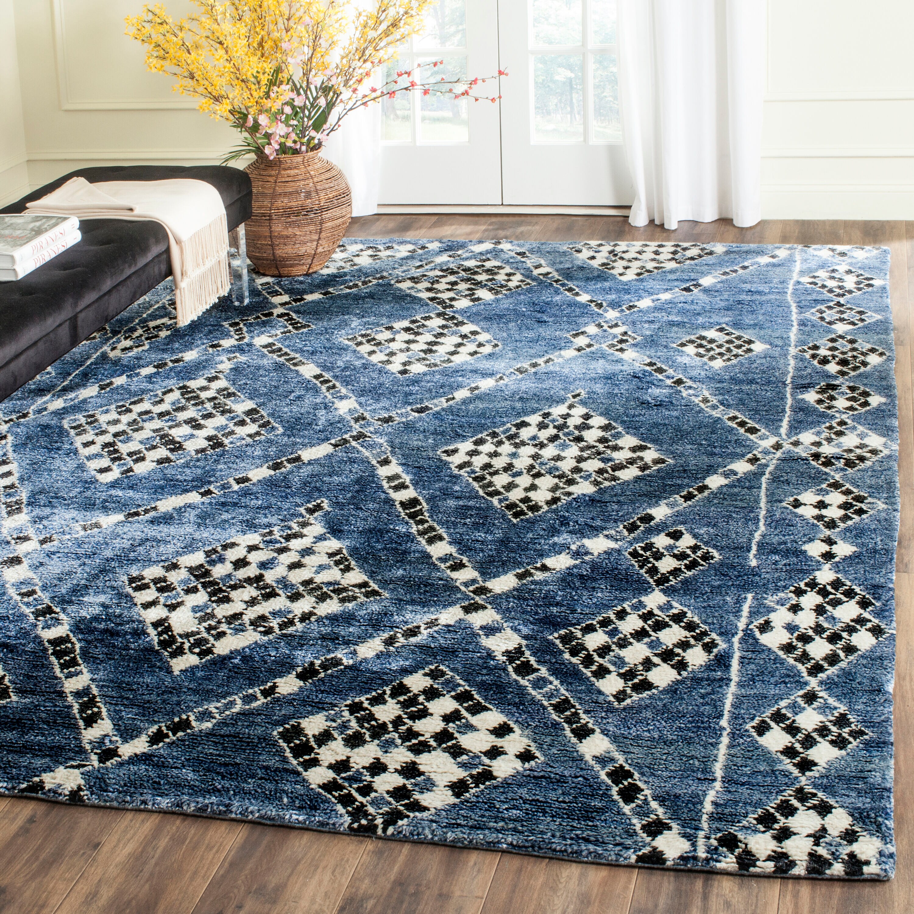 Moroccan 553 Blue/Black Bohemian 9ft x 12ft Large Rectangle Rug