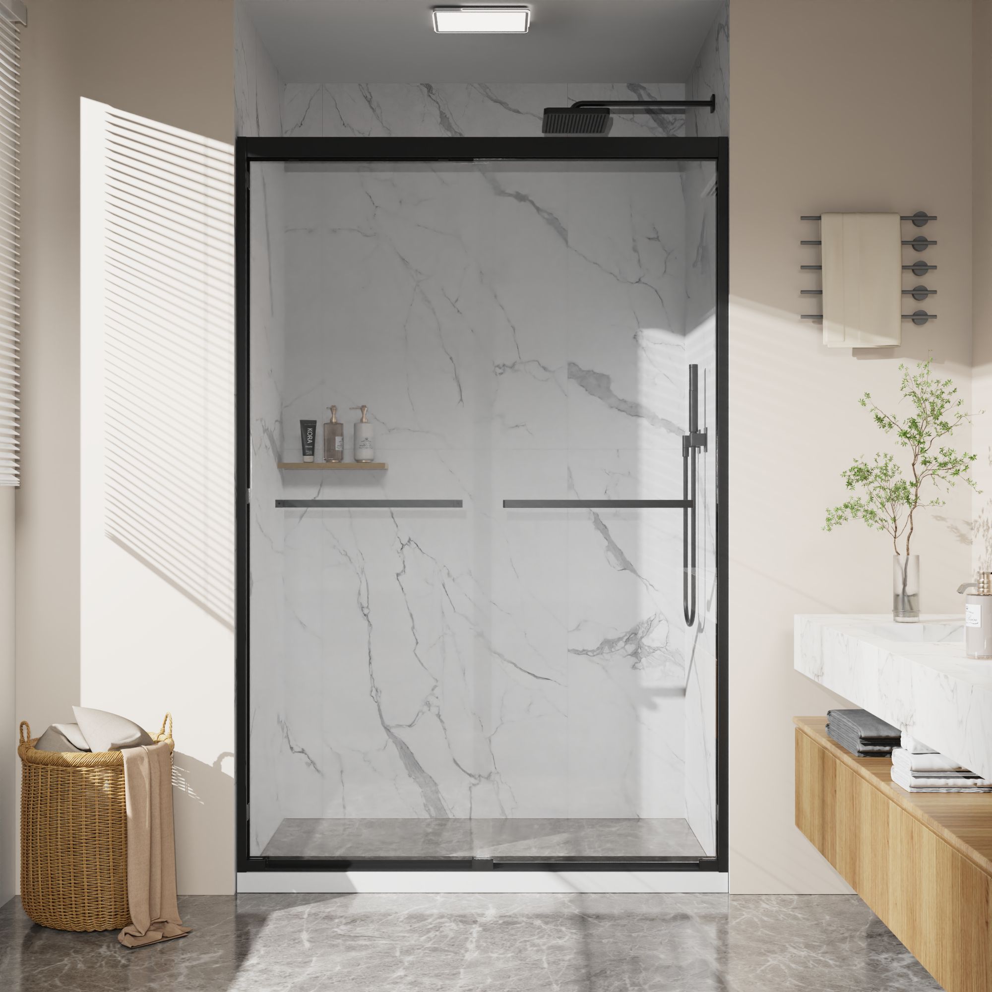 WELLFOR QPZ-TL04W Black 44-in to 48-in W x 72-in H Framed Clear Glass Bypass Sliding Shower door