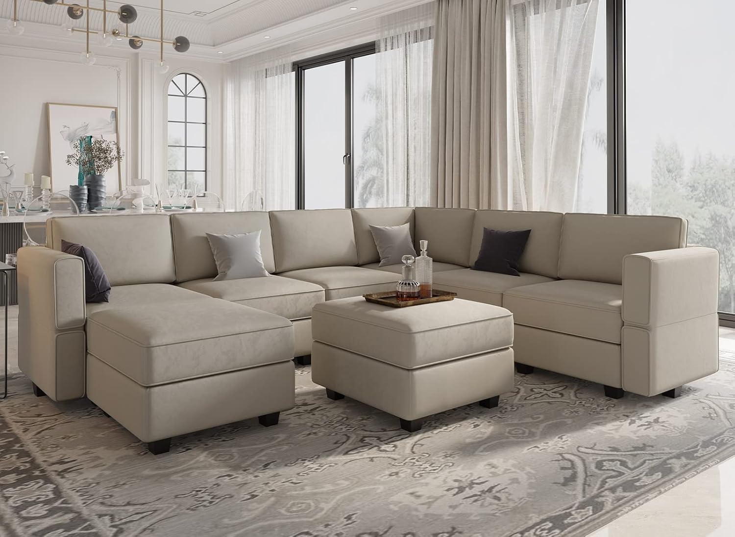 Belffin BF196-A7B2C-GRAY Modular Sectional Sofa with Storage Seat Oversized U Shaped Couch with Reversible Chaise Sofa Set with Ottoman Velvet