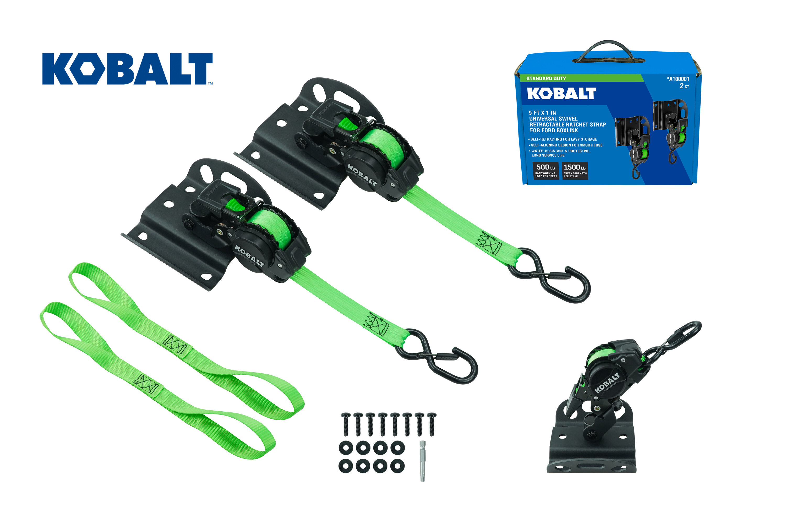 Kobalt 1-in x 9-ft Universal Swivel Retractable Ratchet Strap with S-Hook 1500-lb Break Strength 2 -Pack