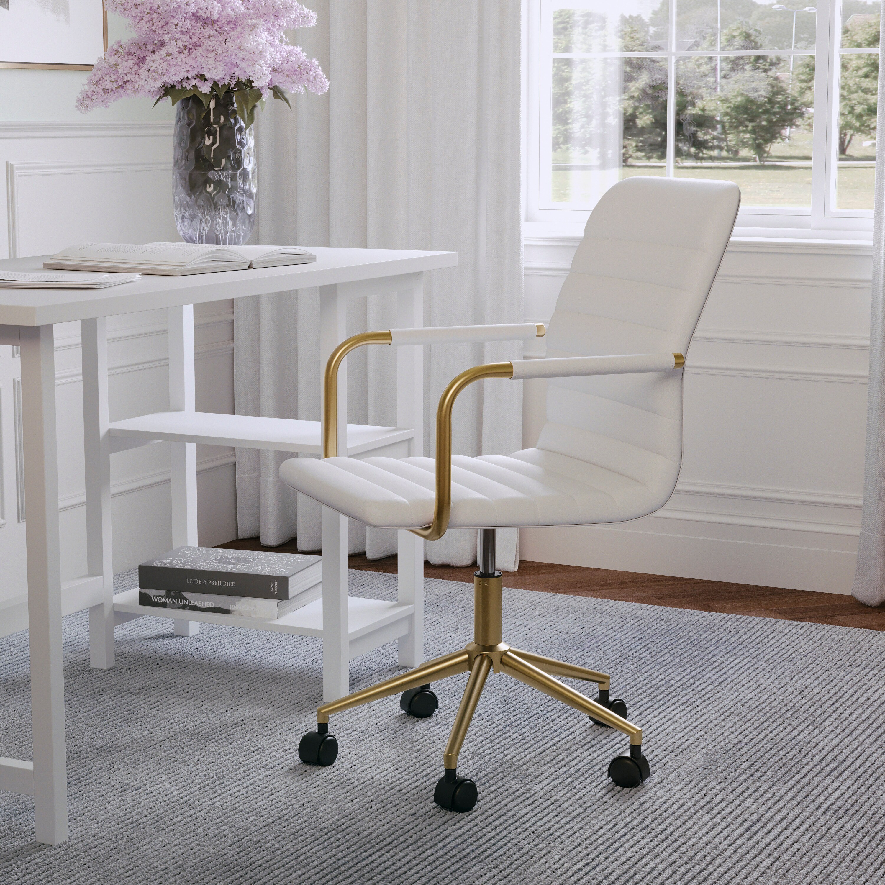White Faux Leather Executive Swivel Office Chair with Brass Frame