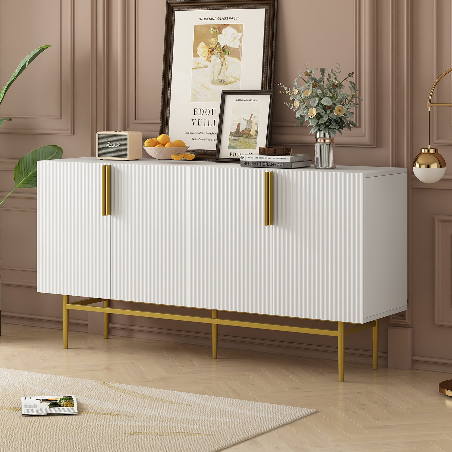 GZMR Elegant 4-door Sideboard Gold Metal Handle Buffet Cabinet 15.2 W x 31.5 H Particleboard White Freestanding Utility Storage Cabinet #GT-TR82AAK