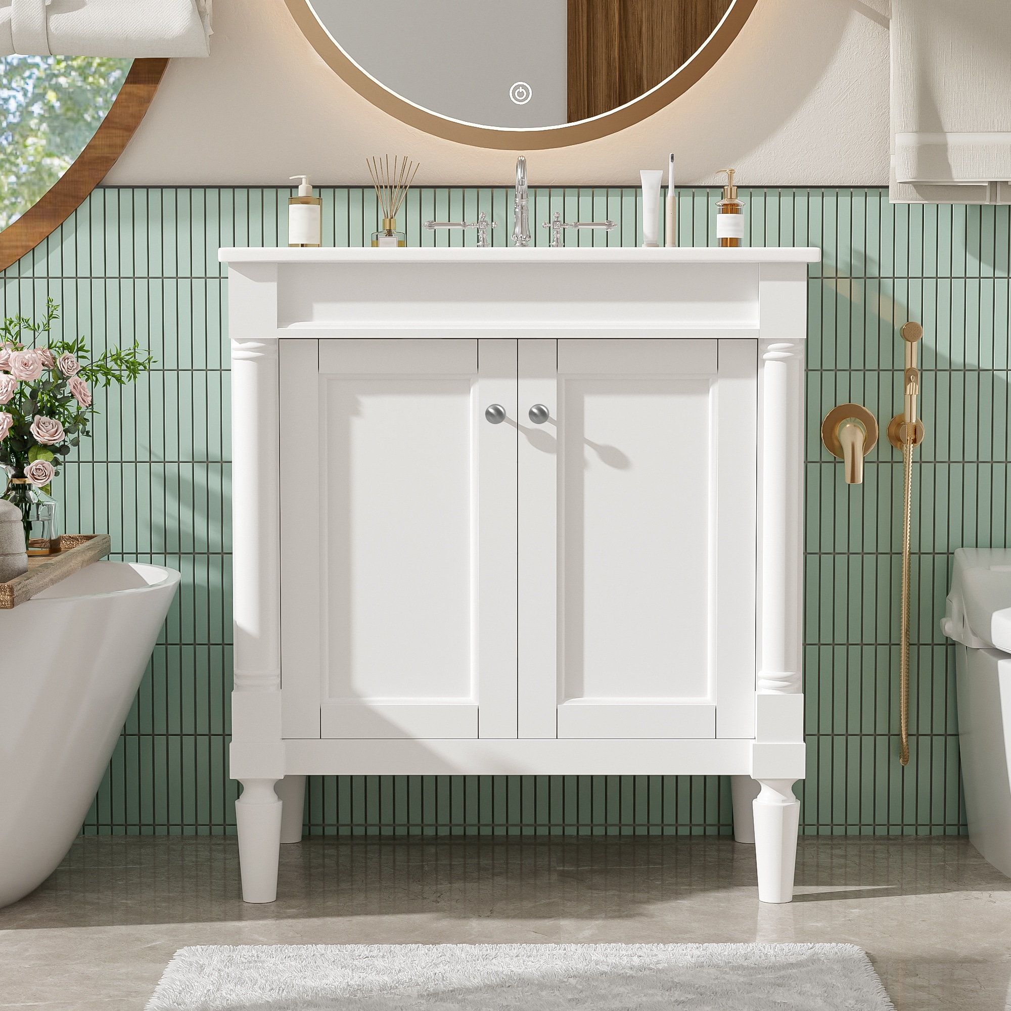 GDFStudio Bellefleur 30 in. Luxury Bathroom Vanity with Ceramic Sink Solid Leg Design and Soft-Close Storage - White